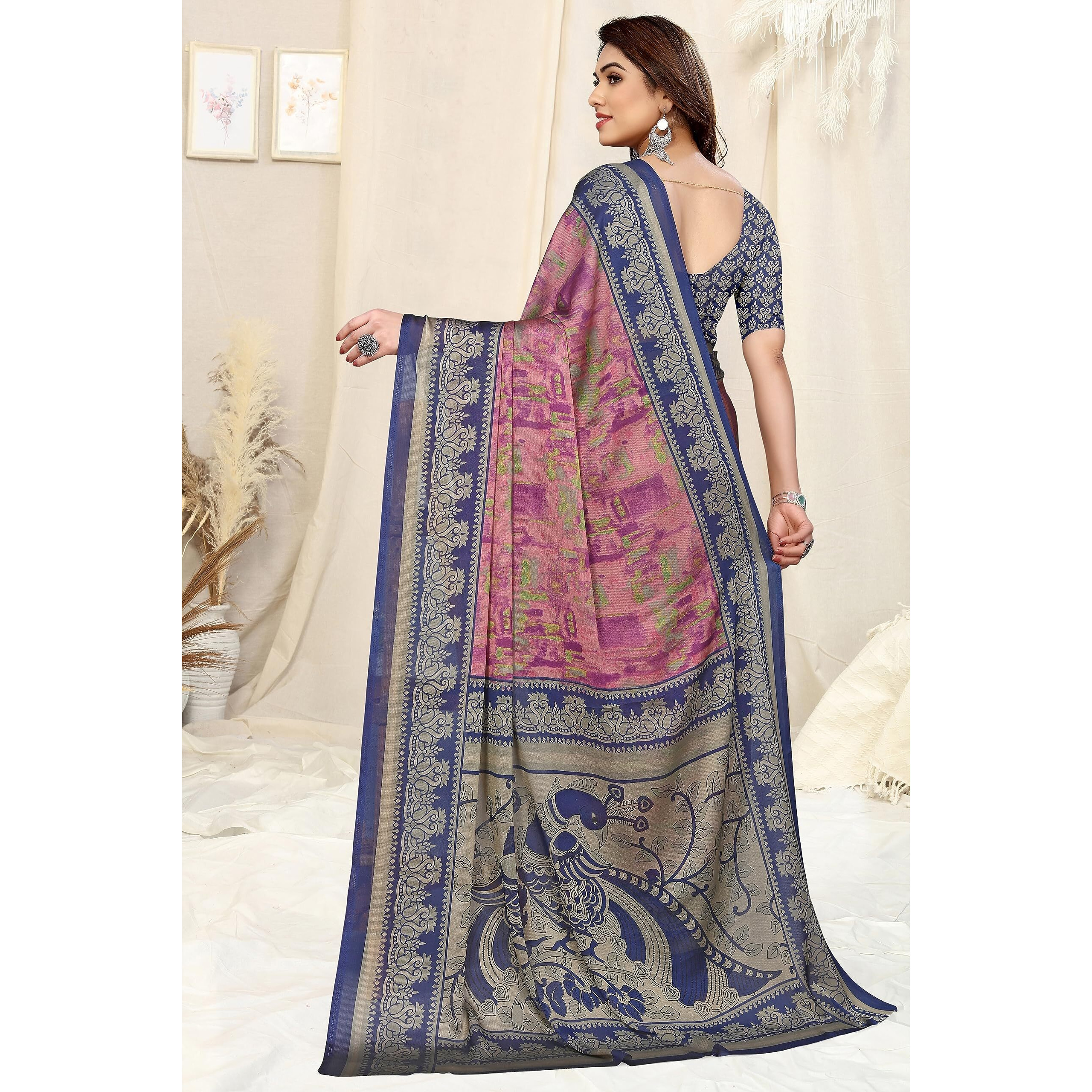 MIRCHI FASHION Womens Plain Weave Chiffon Abstract printed Saree with Blouse Piece (39043A-Pink, Blue)
