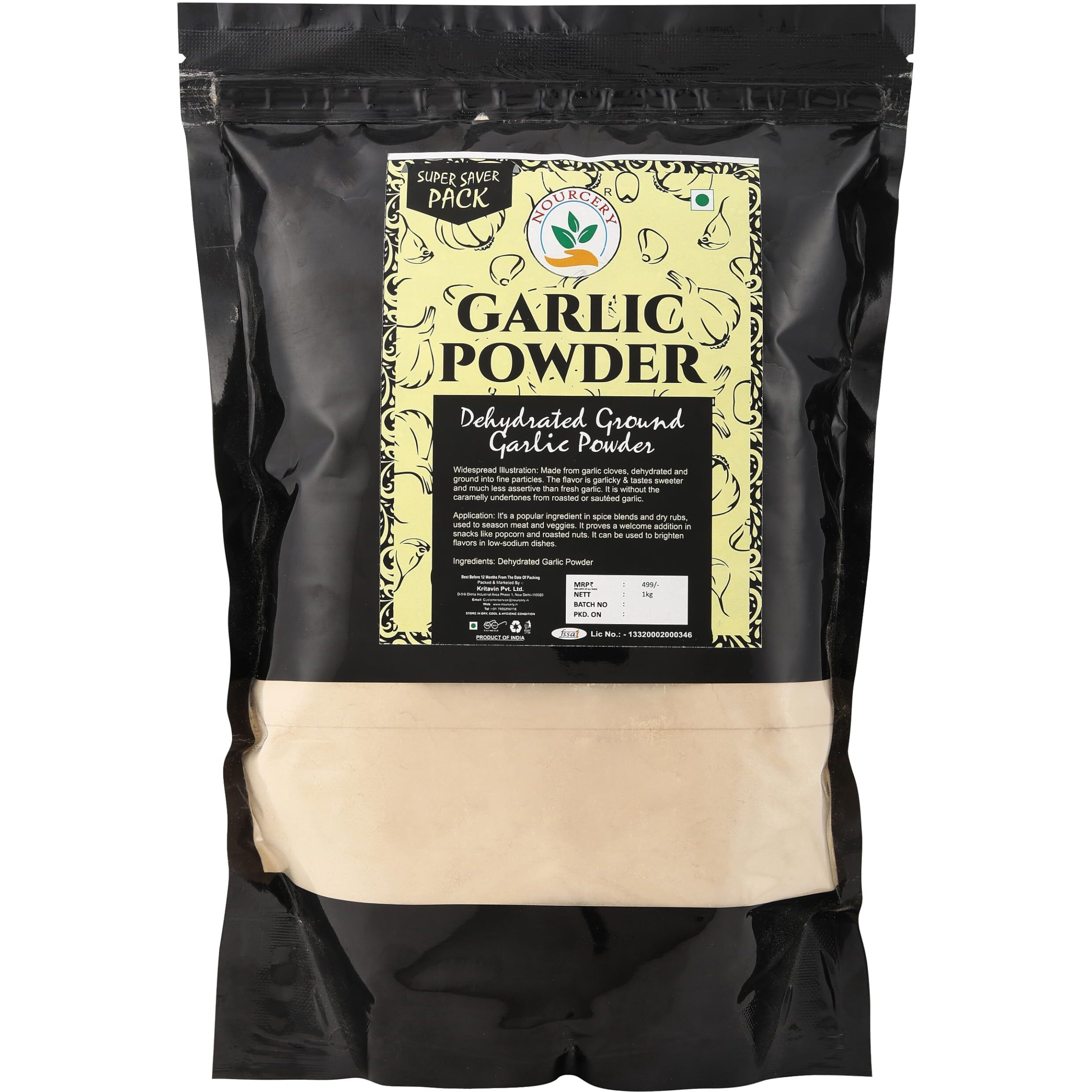 Nourcery Garlic Powder, 1kg (DEHYDRATED GROUND GARLIC) | 100% Pure Lehsun Powder | Ready to use | Farm Fresh | Zero added Colours, Fillers, Additives & Preservatives |