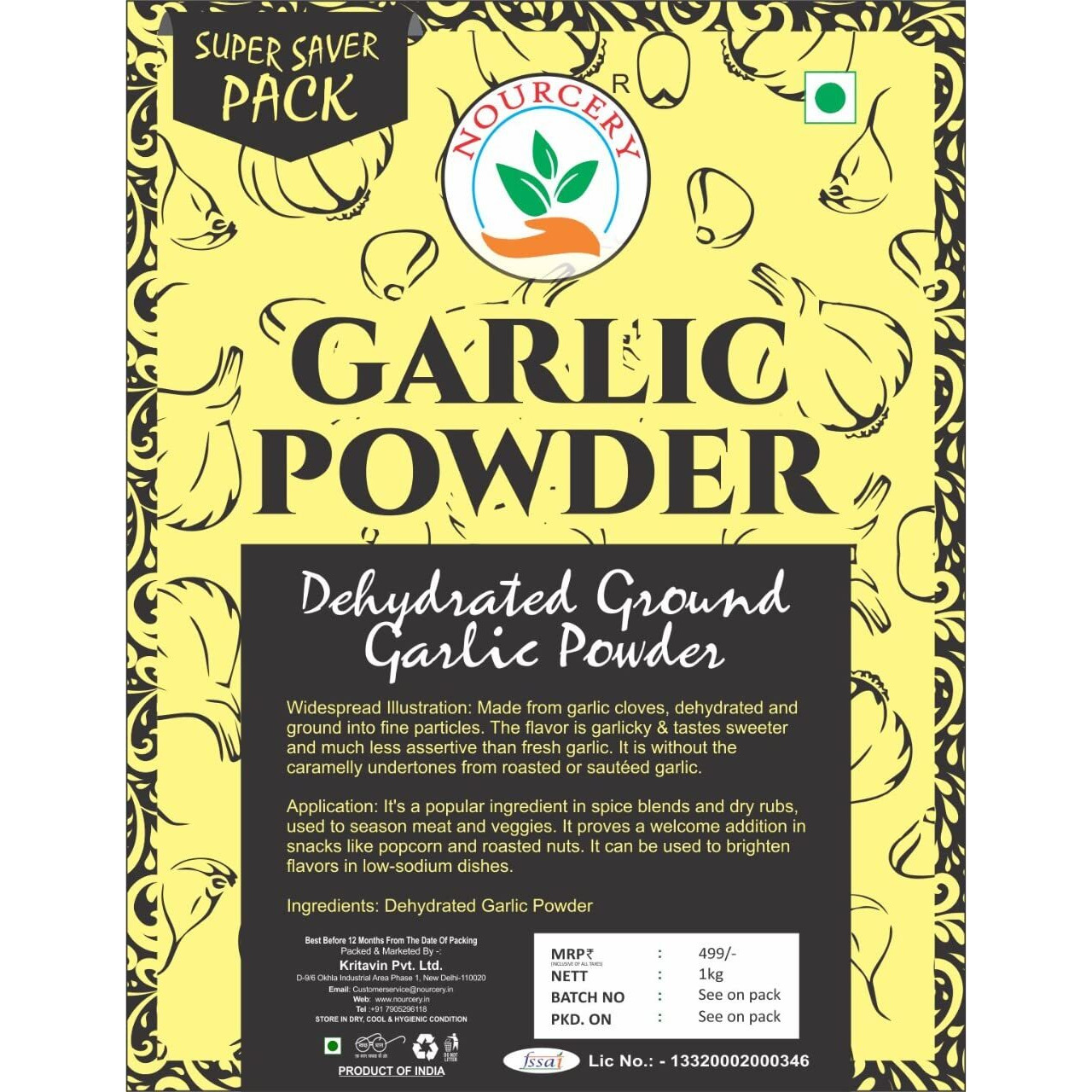 Nourcery Garlic Powder, 1kg (DEHYDRATED GROUND GARLIC) | 100% Pure Lehsun Powder | Ready to use | Farm Fresh | Zero added Colours, Fillers, Additives & Preservatives |