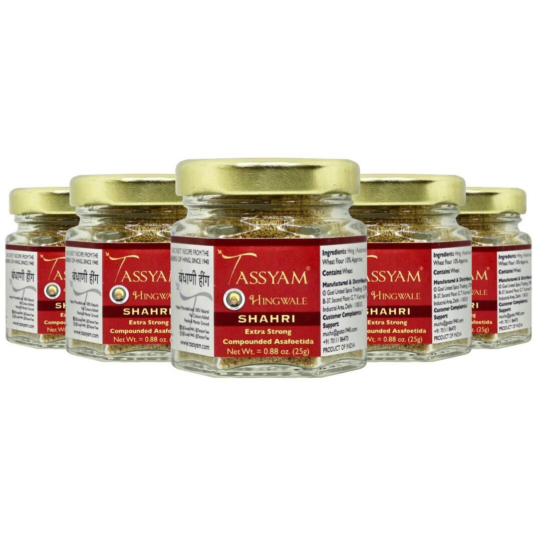 Tassyam Hingwale Extra Strong Shahri Hing 125g (5X 25g) Bottle | Hand Pounded & Natural | Jain Hing