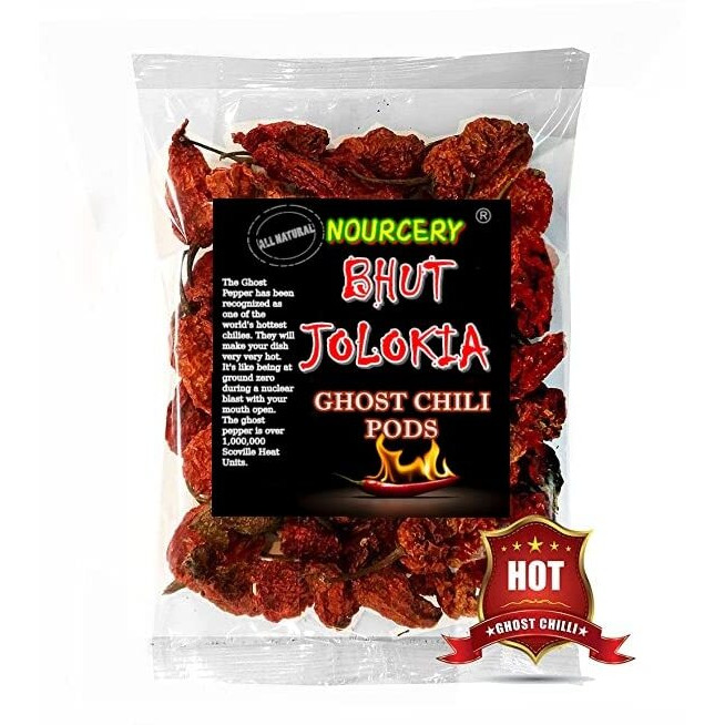 Nourcery Bhut Jolokia Chilli Whole 100 Grams | Ghost Pepper | Naga Chilli | King Chilli | Raja Mirchi | Sundried | Organically Grown | Fire up any dish with a dash of this chilli | Hottest Chilli in India Bhut Jolokia Pods (100gm), Vaccum Packed
