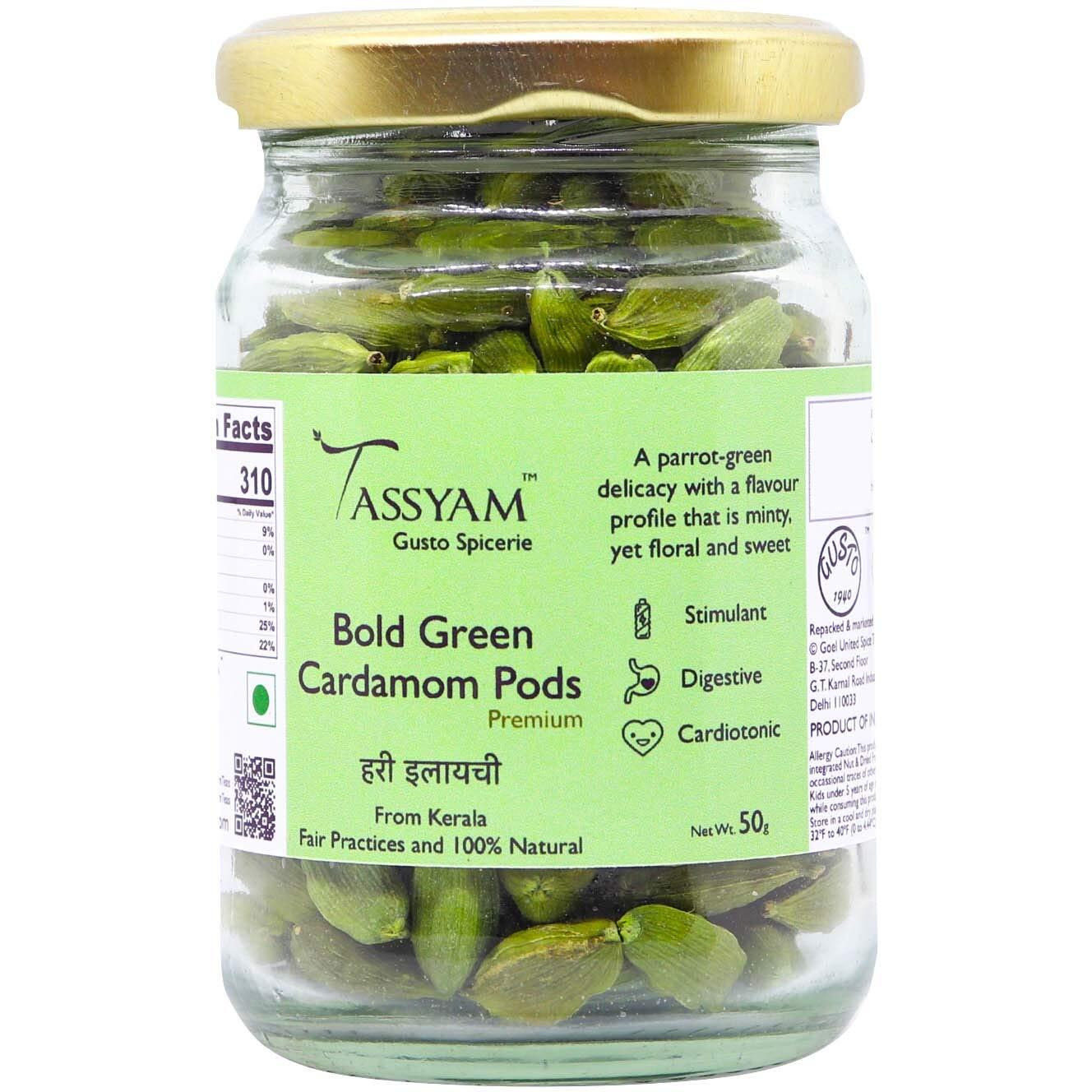 Tassyam Organics Bold Green Cardamoms 50 Grams | Premium Hari Elaichi Bottle 9mm+