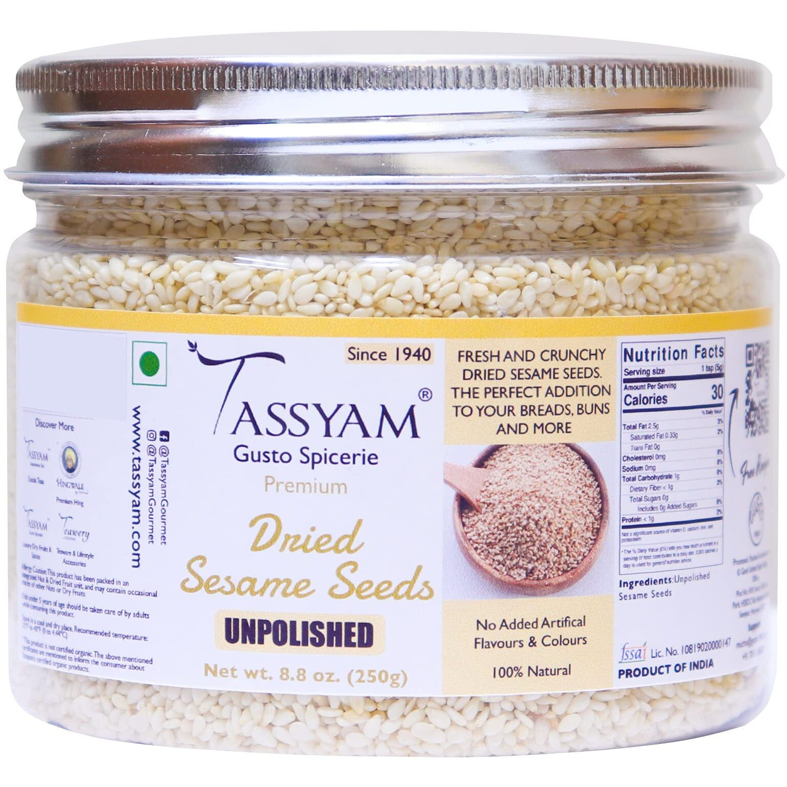 Tassyam Unpolished Sesame Seeds 250g/ 8.81 oz | All Natural Til Beej