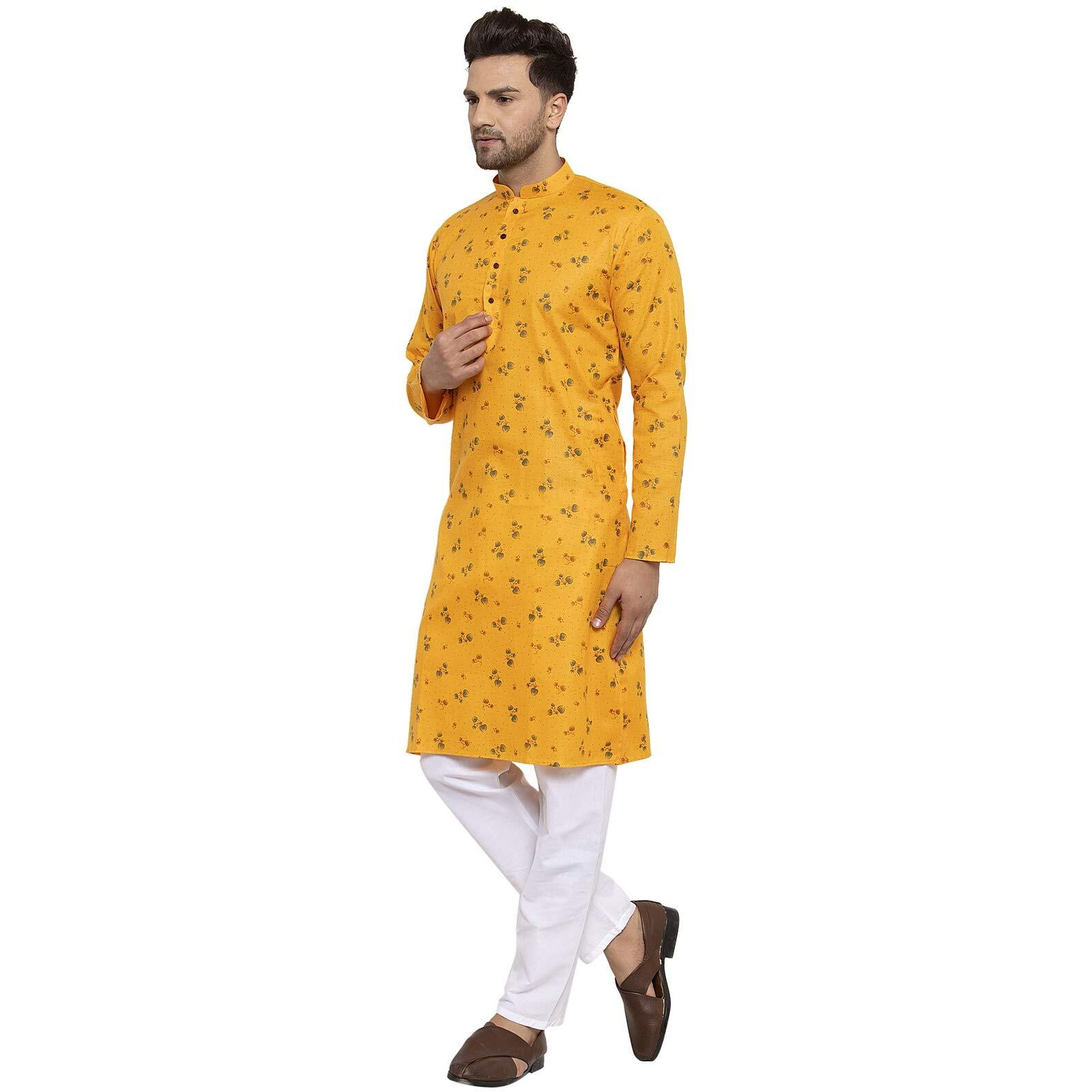 KRAFT INDIA Men's Cotton Rich Stylish Ethnic Wear Kurta Pyjama Set (Color-Yellow, Size-40)