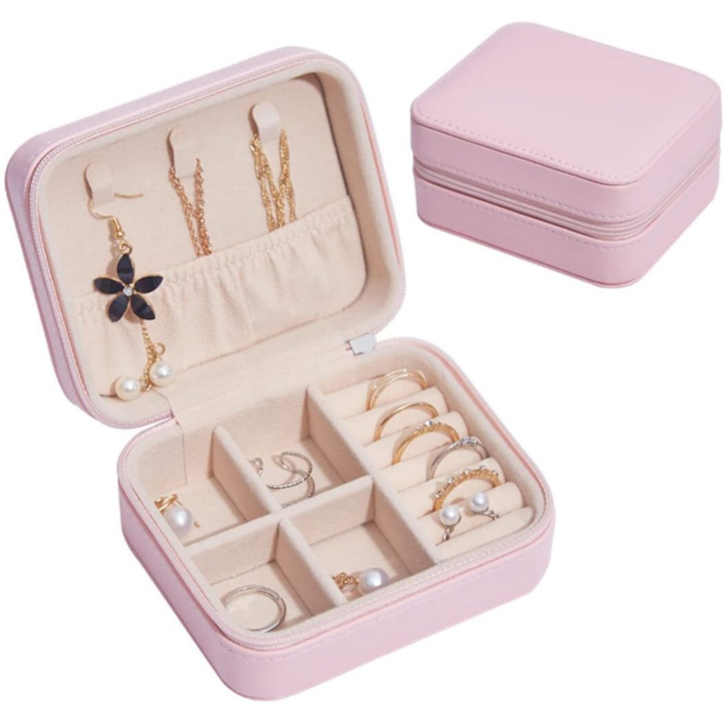 EPURETO Jewelry Box Small Travel Jewelry Bags Organizer PU Leather Storage Display Case Portable Jewelry Holder for Womens Necklace Earring Rings Accessories (Pink 2, Double-Layer)