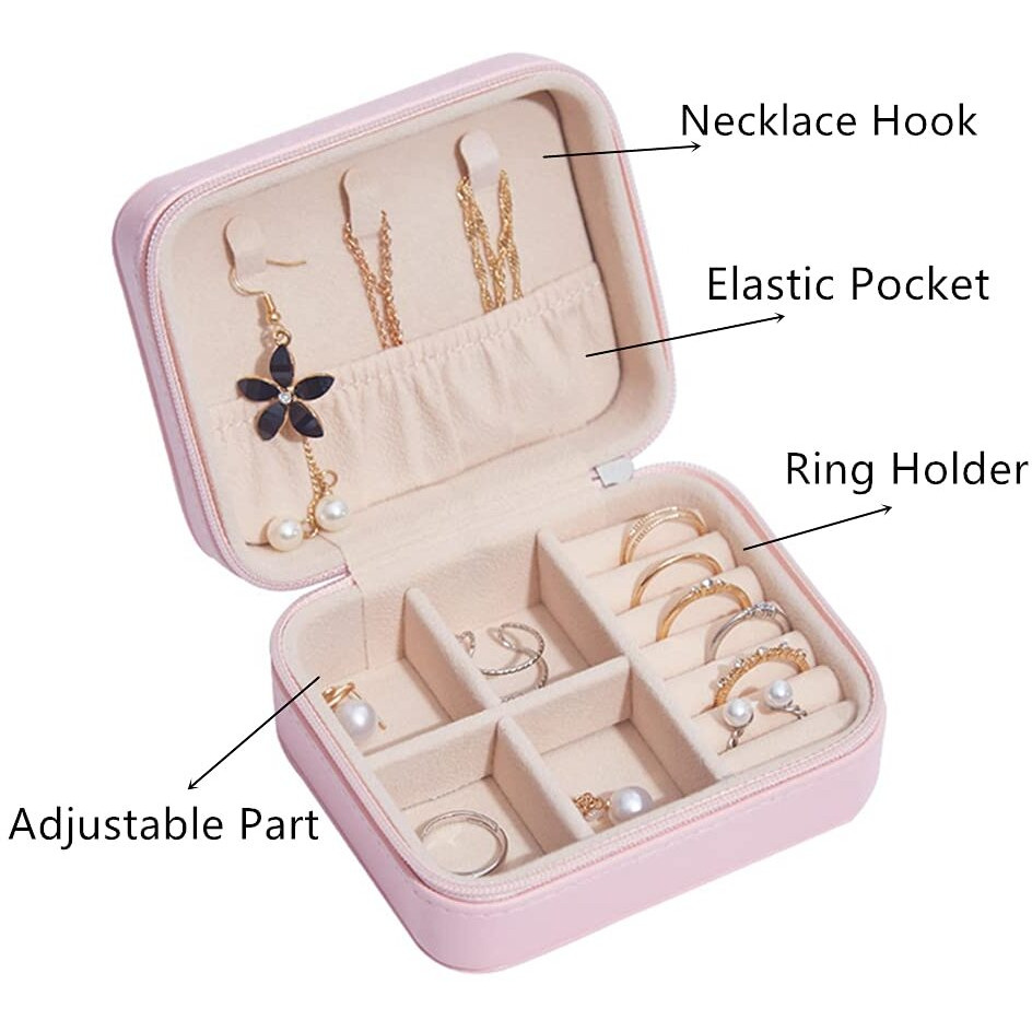 EPURETO Jewelry Box Small Travel Jewelry Bags Organizer PU Leather Storage Display Case Portable Jewelry Holder for Womens Necklace Earring Rings Accessories (Pink 2, Double-Layer)