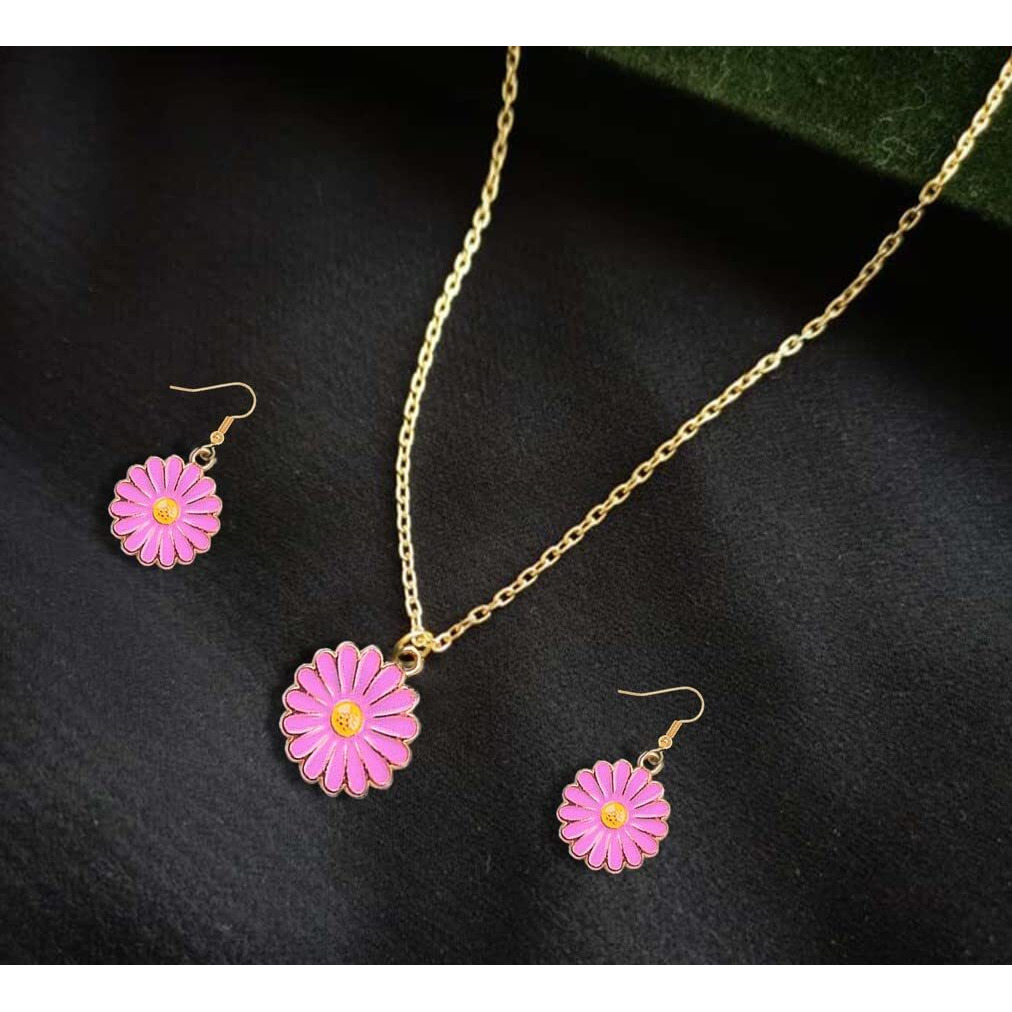 ANNACREATIONS Golden Chain Plated Black Daisy Pendant Necklace With Earrings for Women and Girls (STYLE 5)