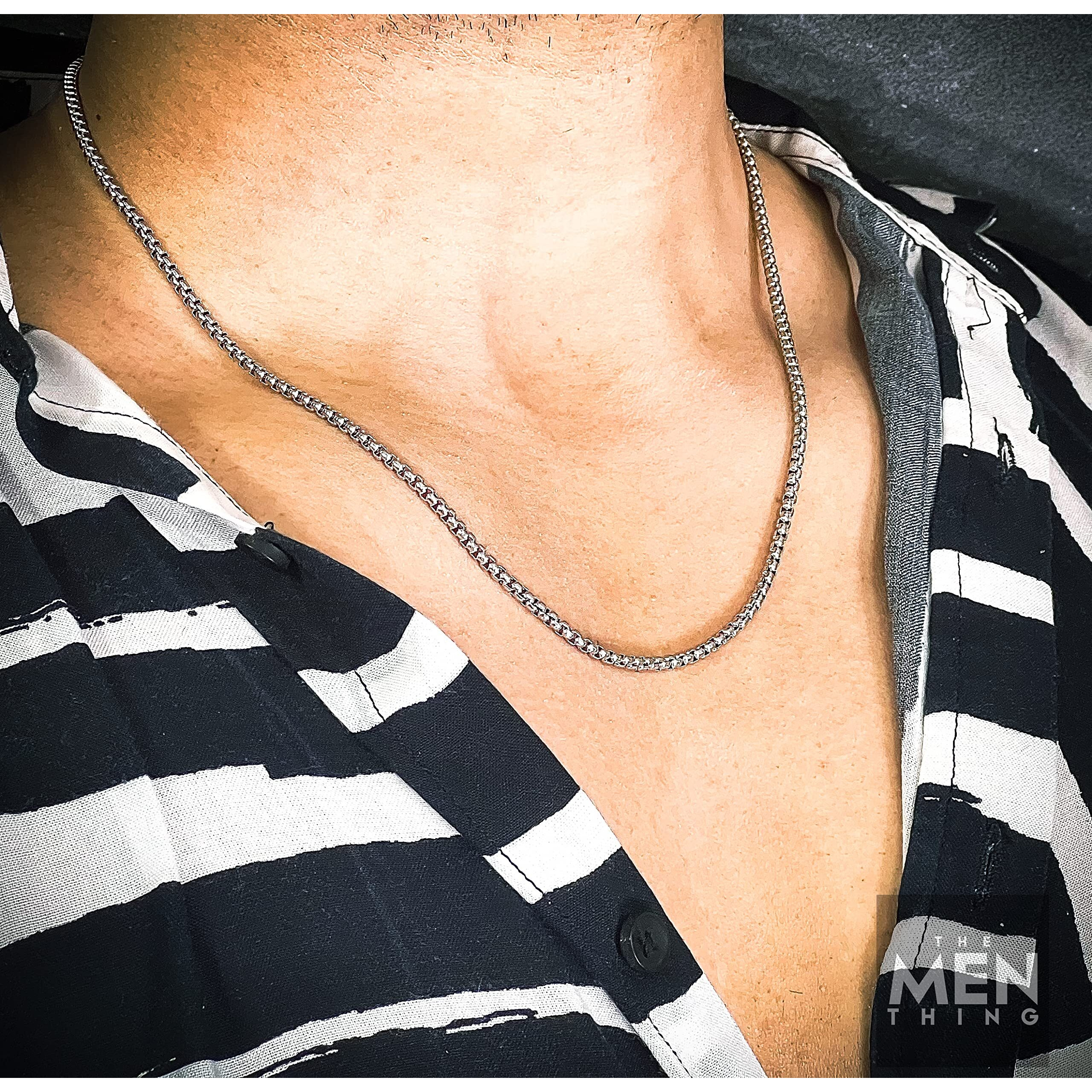 THE MEN THING SILVER ROUNDED BOX - 3mm Chain Stainless Steel 22 inch Necklace for Men & Boys