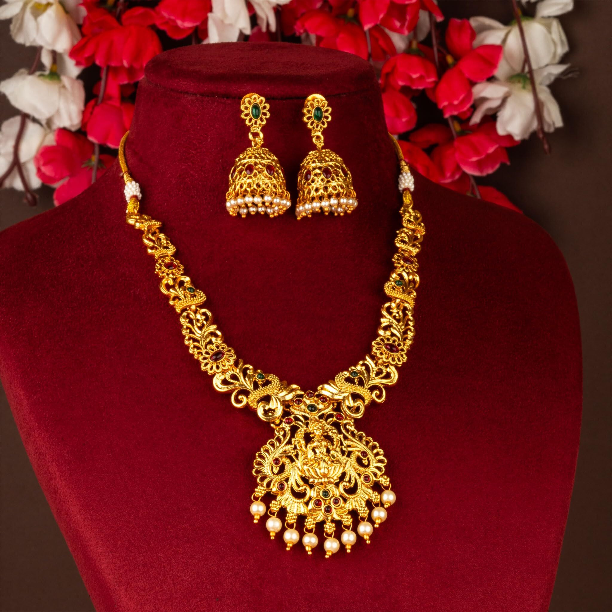 Sasitrends Latest Traditional Temple Necklace Jewellery Set with Jhumka Earrings for Women and Girls