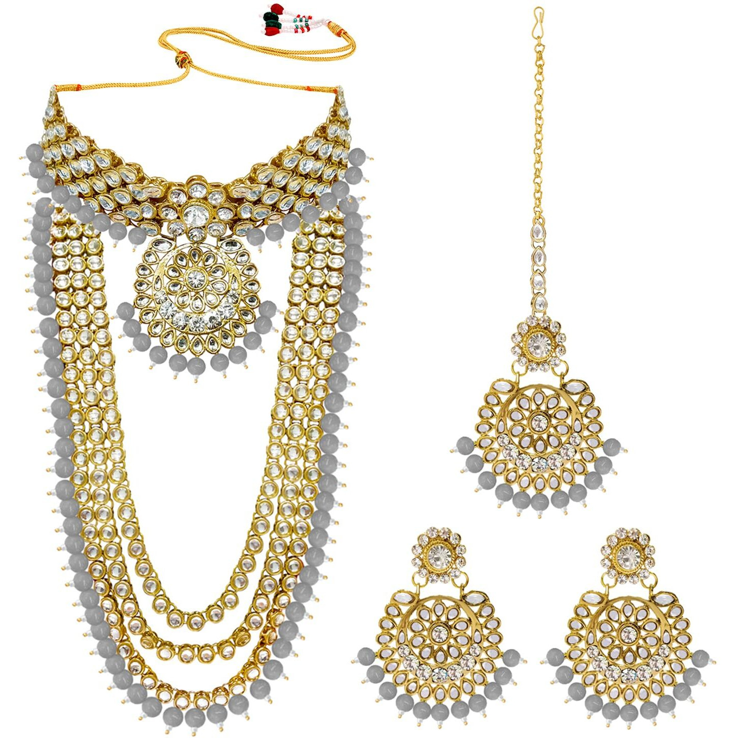 Peora 18K Gold Plated Kundan Faux Bead Bridal Necklace Jewellery Set for Women Girls (Grey)