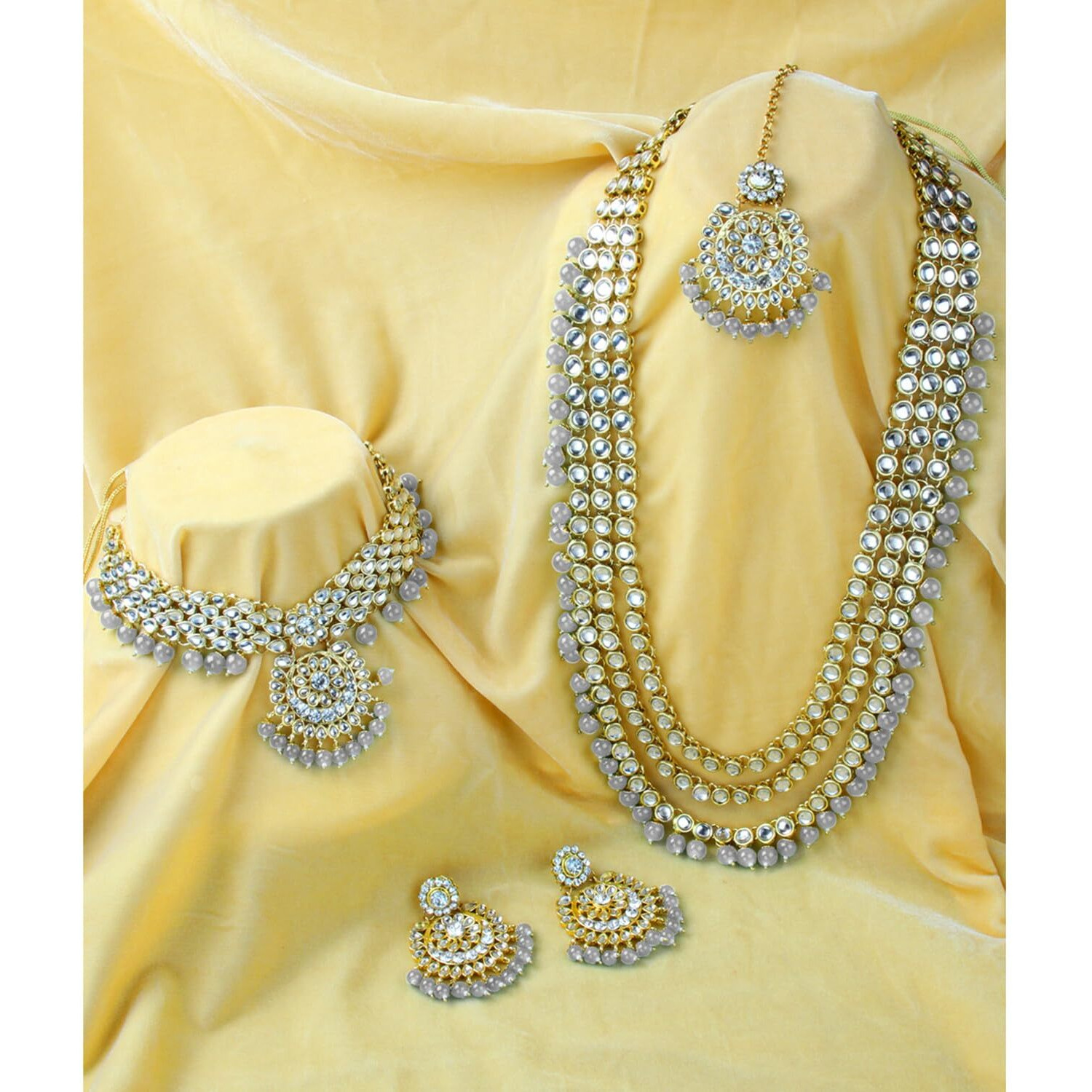 Peora 18K Gold Plated Kundan Faux Bead Bridal Necklace Jewellery Set for Women Girls (Grey)