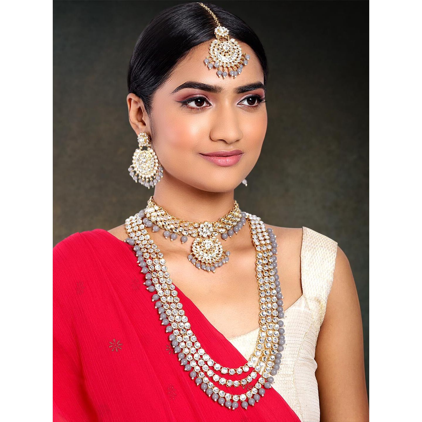 Peora 18K Gold Plated Kundan Faux Bead Bridal Necklace Jewellery Set for Women Girls (Grey)
