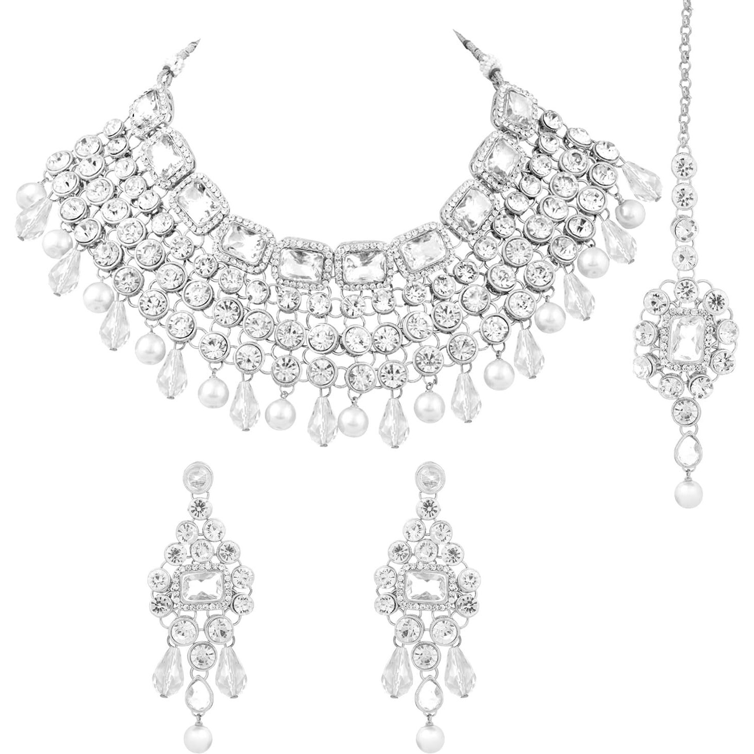 Peora Crystal Choker Necklace with Maang Tikka Earrings Indian Traditional Bridal Wedding Jewellery Set for Women Girls (Rhodium White)
