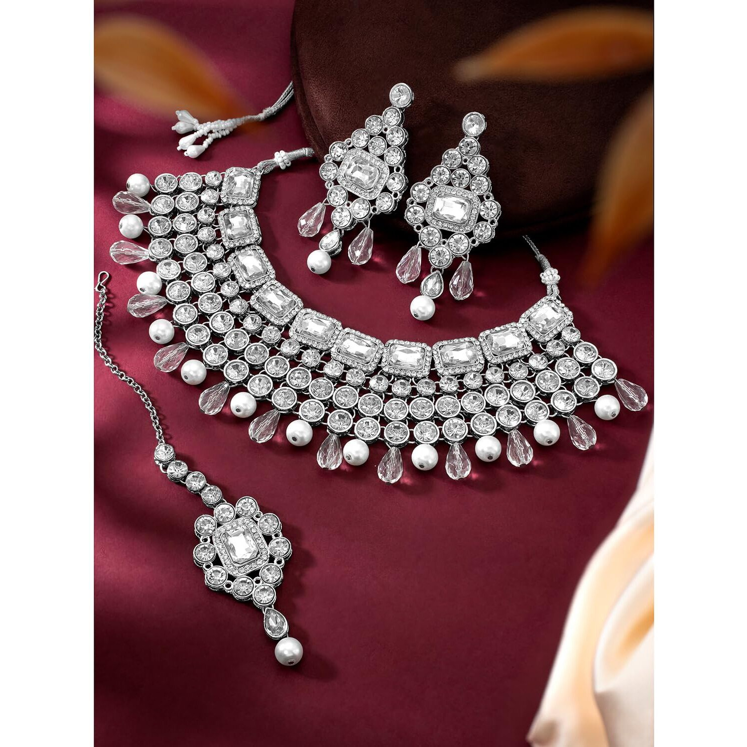 Peora Crystal Choker Necklace with Maang Tikka Earrings Indian Traditional Bridal Wedding Jewellery Set for Women Girls (Rhodium White)