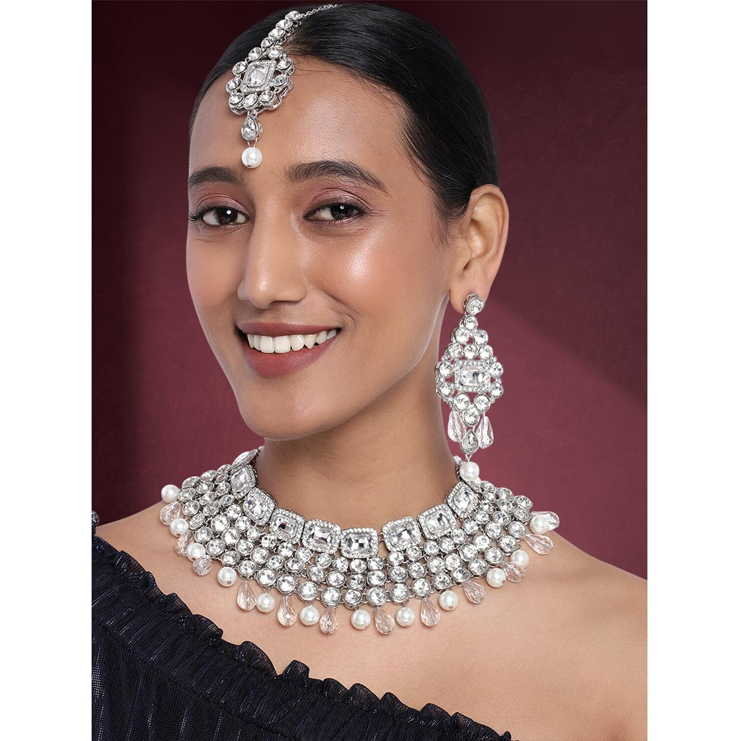 Peora Crystal Choker Necklace with Maang Tikka Earrings Indian Traditional Bridal Wedding Jewellery Set for Women Girls (Rhodium White)