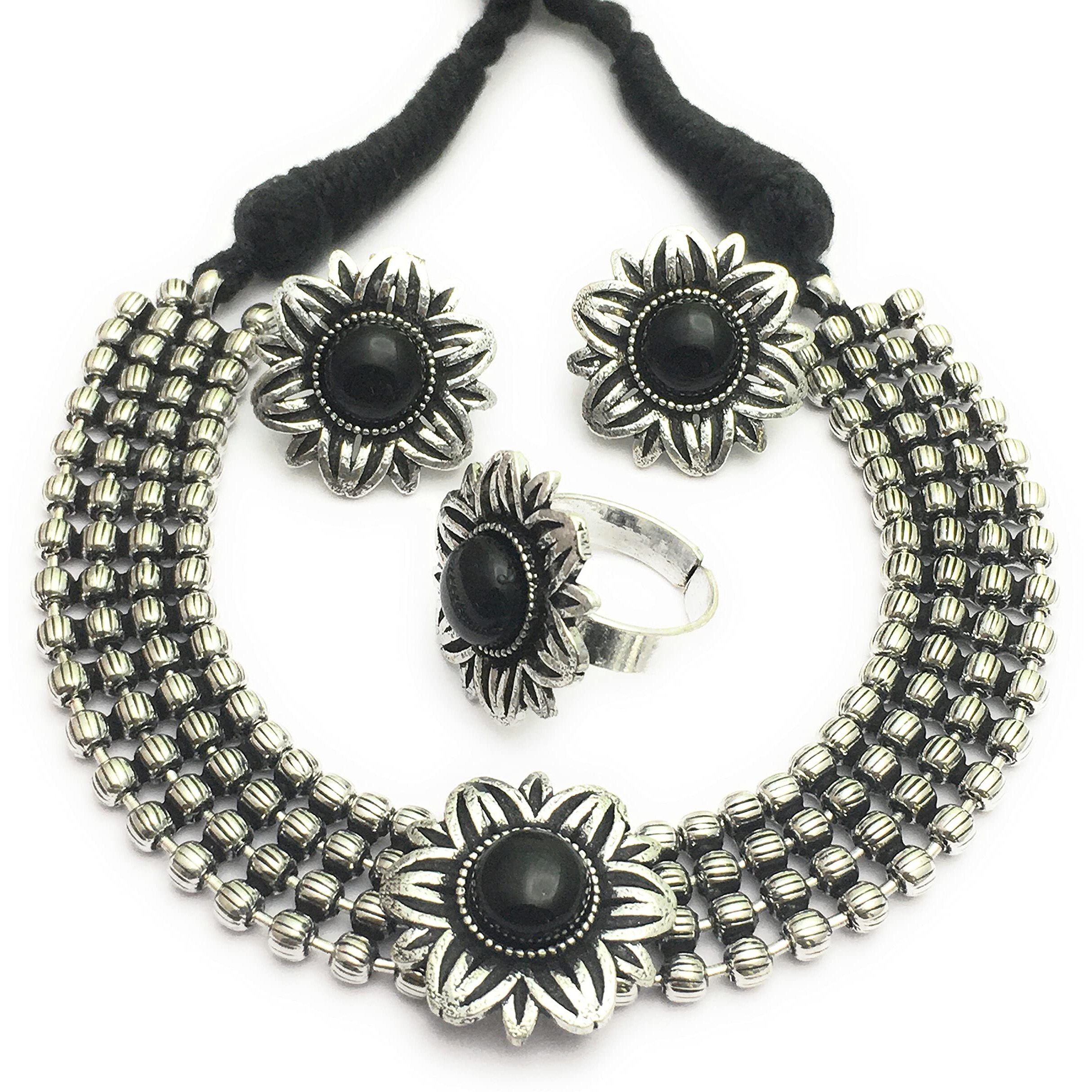 Sasitrends Oxidized German Silver Choker Necklace Set With Ring For Womens And Girls