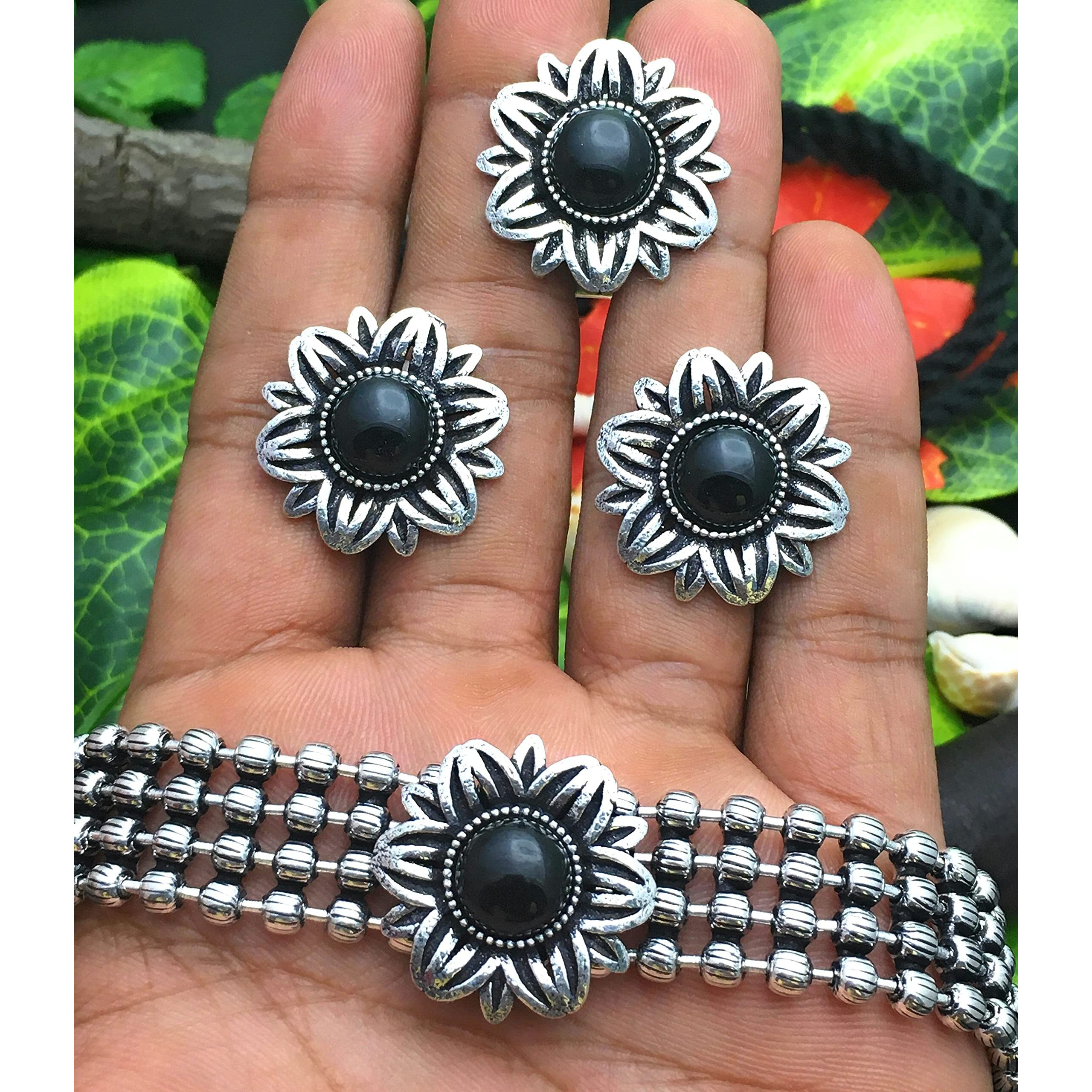 Sasitrends Oxidized German Silver Choker Necklace Set With Ring For Womens And Girls
