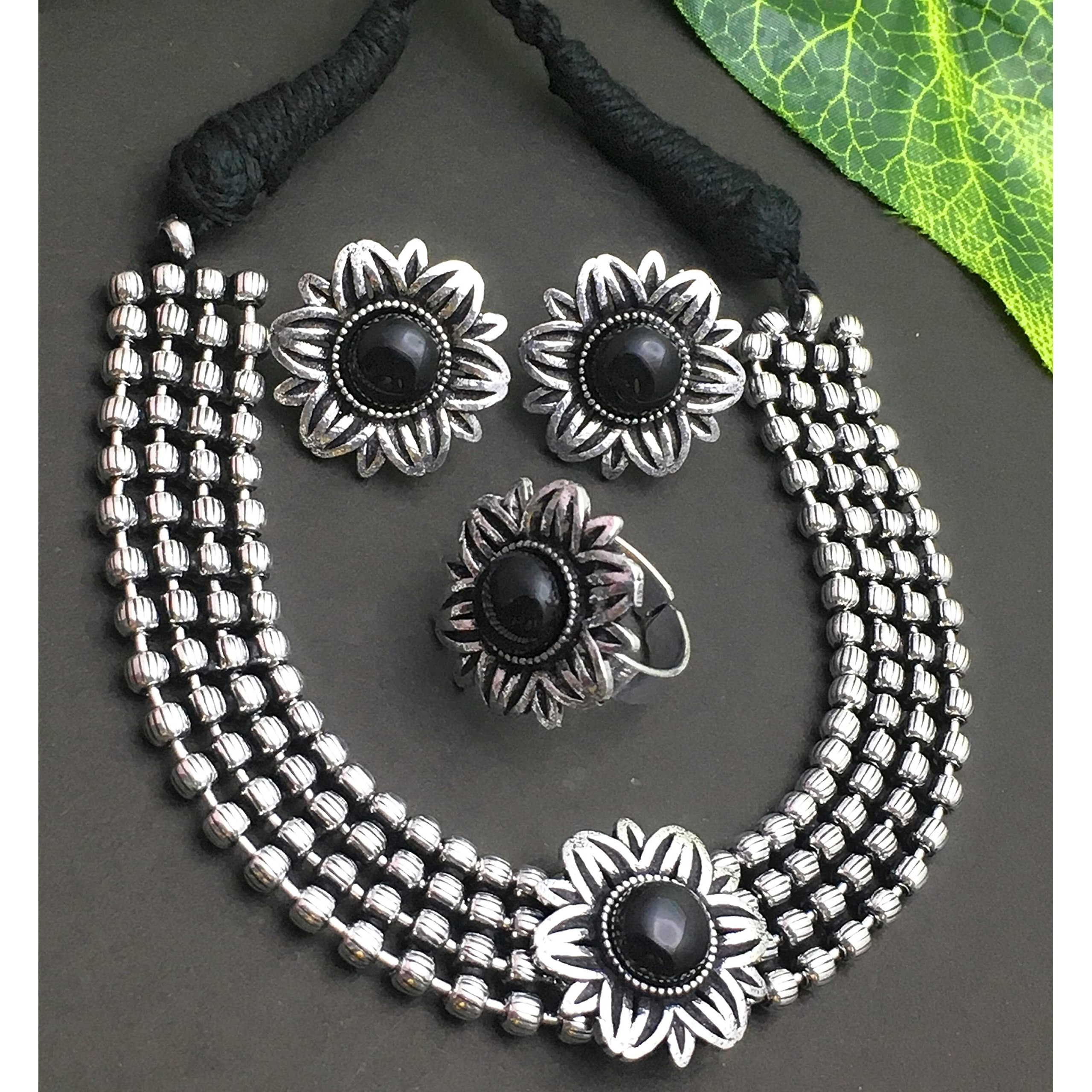Sasitrends Oxidized German Silver Choker Necklace Set With Ring For Womens And Girls