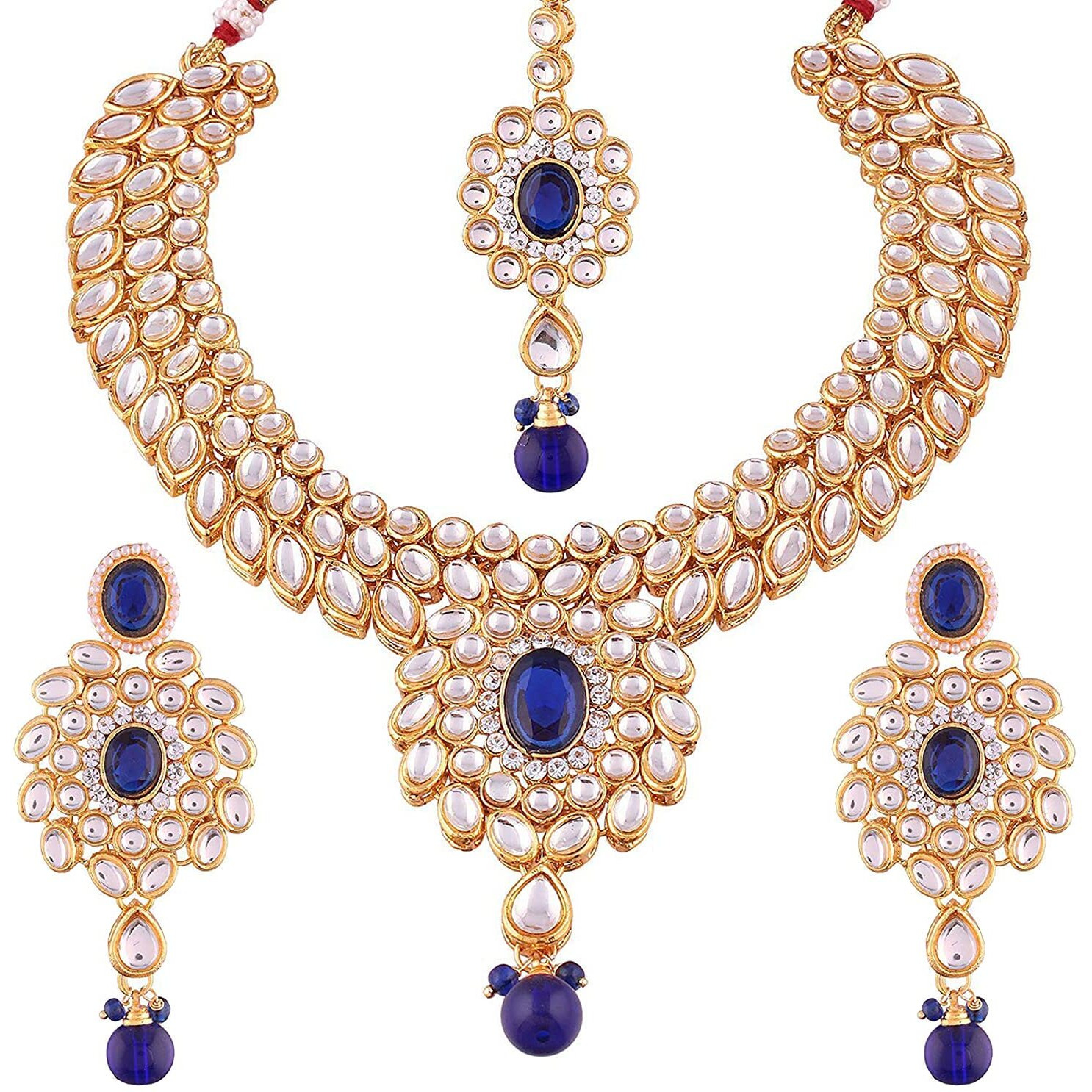 Peora Gold-plated Brass and Kundan Jewellery Set With Earrings Mang Tika for Women & Girls (Blue)