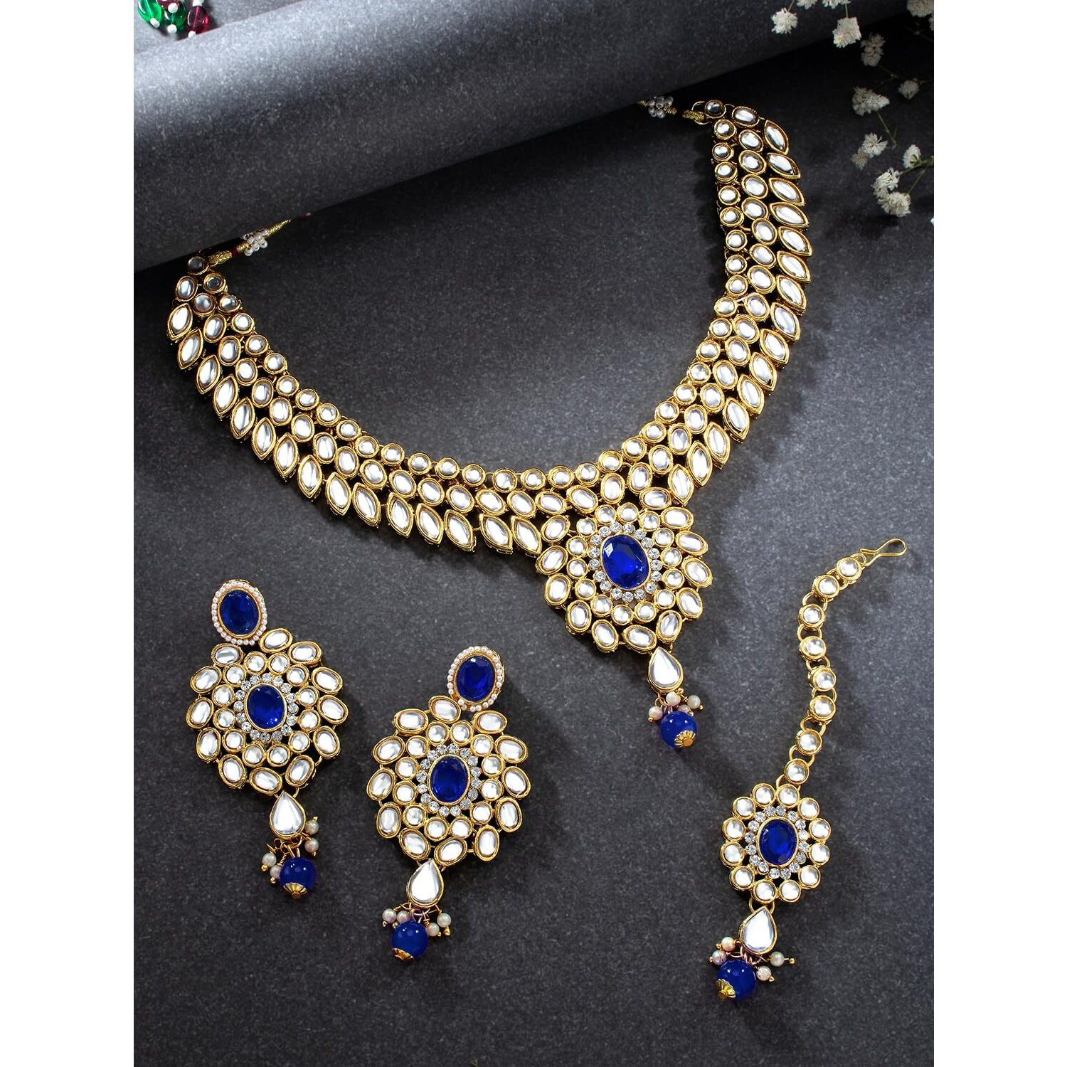 Peora Gold-plated Brass and Kundan Jewellery Set With Earrings Mang Tika for Women & Girls (Blue)