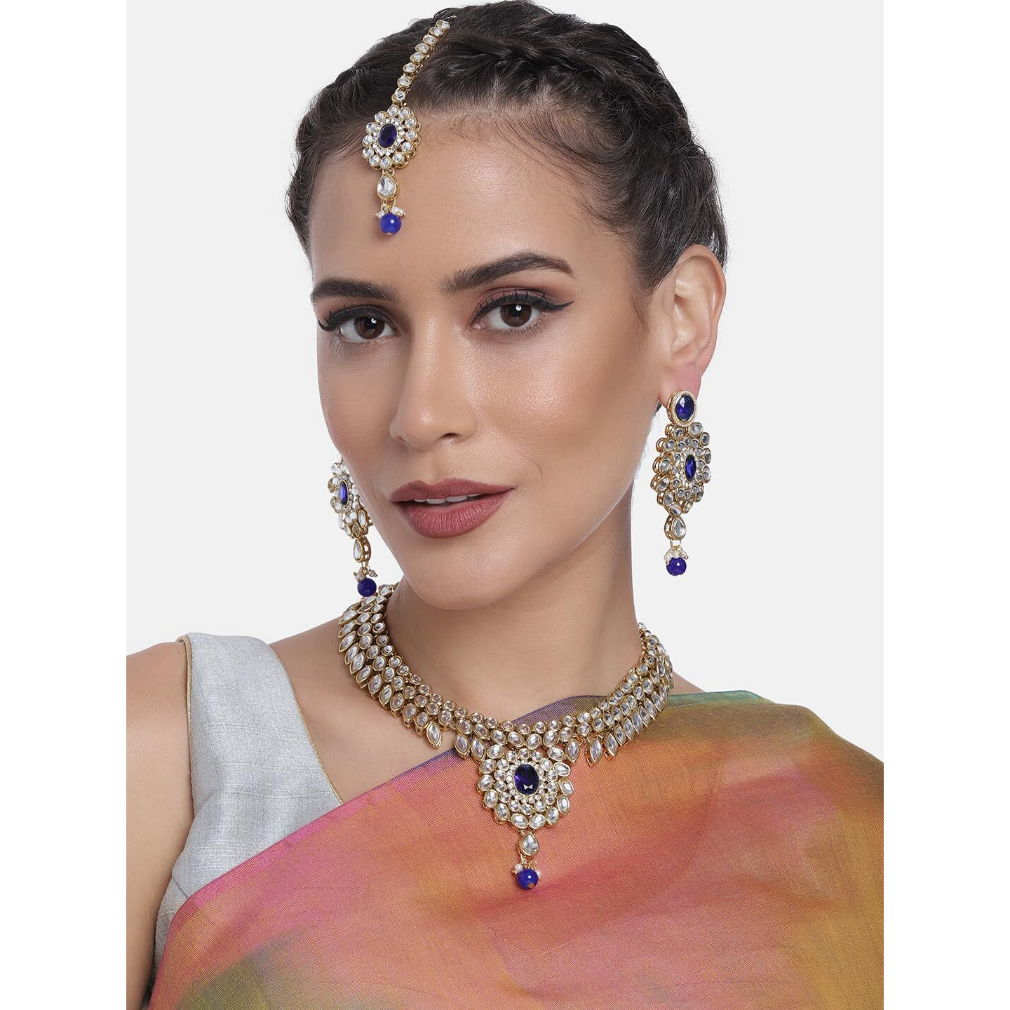 Peora Gold-plated Brass and Kundan Jewellery Set With Earrings Mang Tika for Women & Girls (Blue)