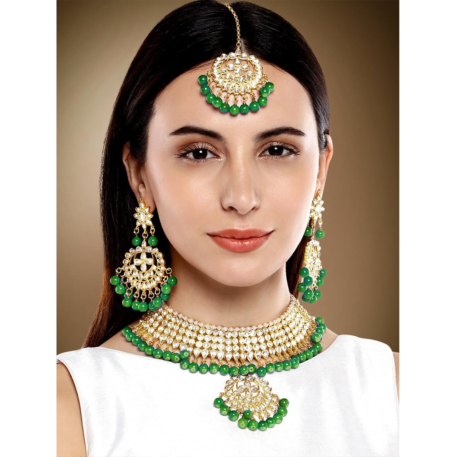 Peora Gold Plated Kundan Faux Pearl Choker Necklace Earring Maang Tikka Traditional Jewellery Set for Women Girls