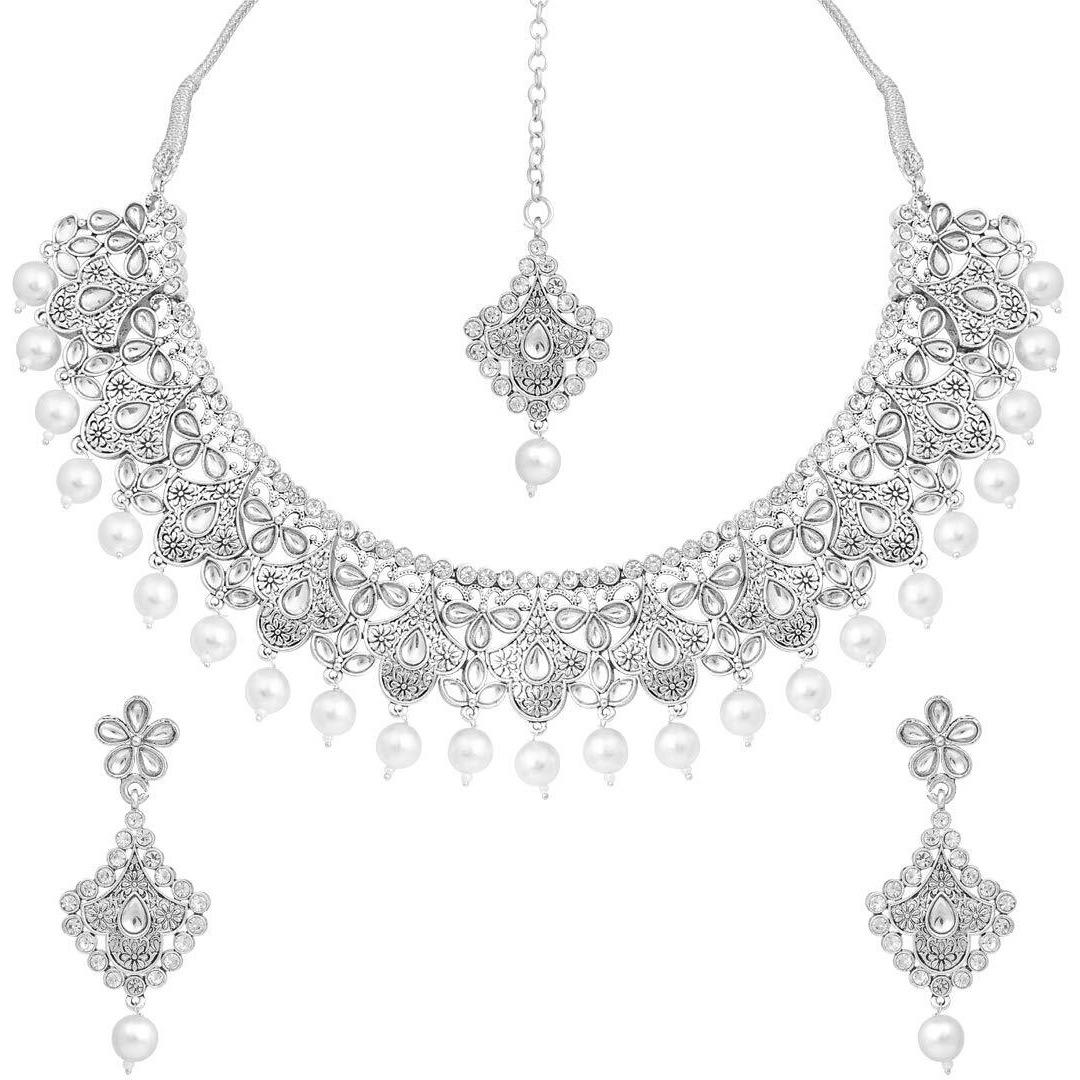 Peora Oxidised Silver Handcrafted Rajasthani Necklace Set with Earrings & Maang Tikka for Women Girls