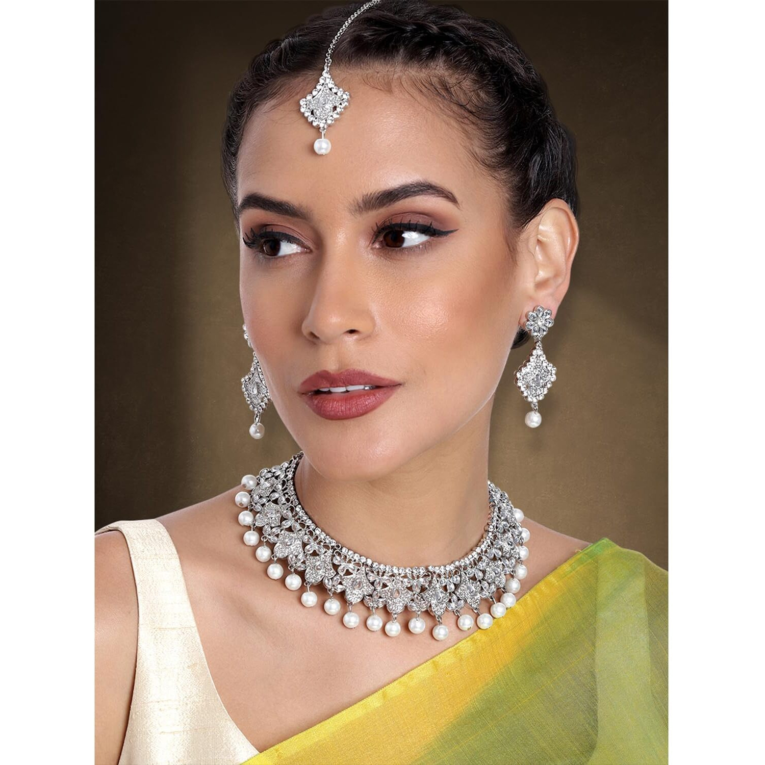 Peora Oxidised Silver Handcrafted Rajasthani Necklace Set with Earrings & Maang Tikka for Women Girls