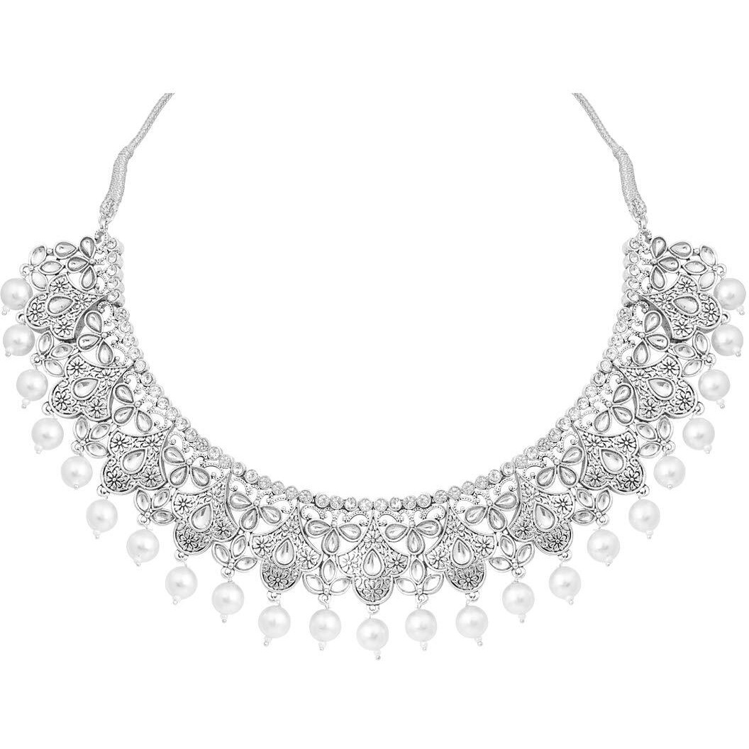 Peora Oxidised Silver Handcrafted Rajasthani Necklace Set with Earrings & Maang Tikka for Women Girls