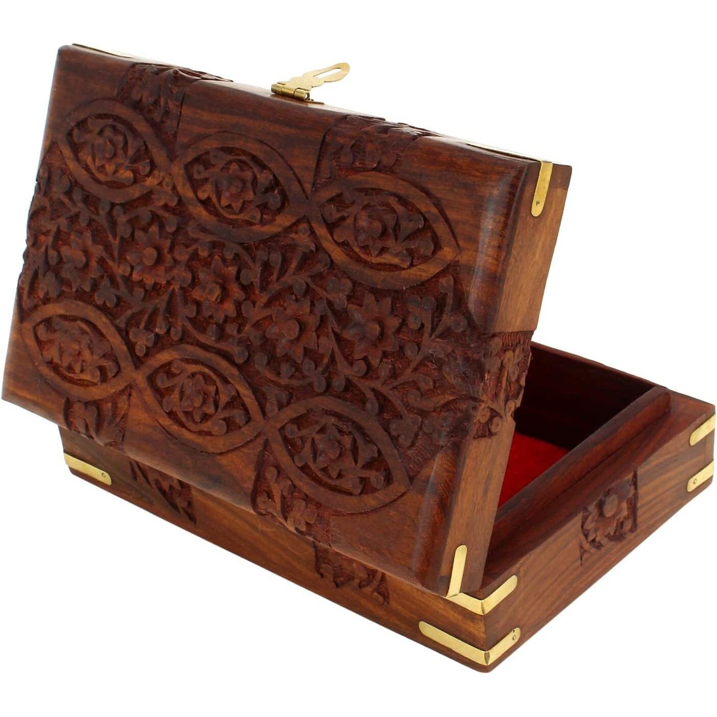 GURU JEE Hand Carved Wooden Decorative Floral Carvings Multipurpose Storage Organiser Keepsake Jewellery Box 20x12.5x6.5 CM
