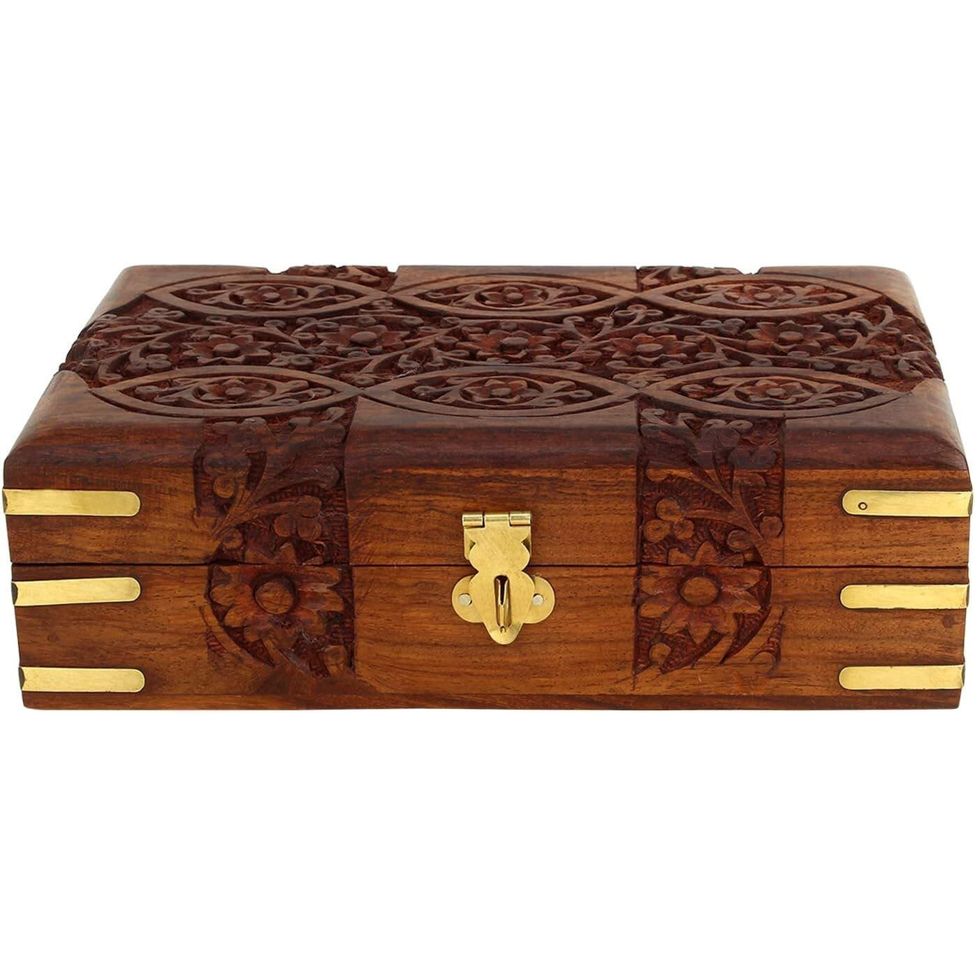 GURU JEE Hand Carved Wooden Decorative Floral Carvings Multipurpose Storage Organiser Keepsake Jewellery Box 20x12.5x6.5 CM