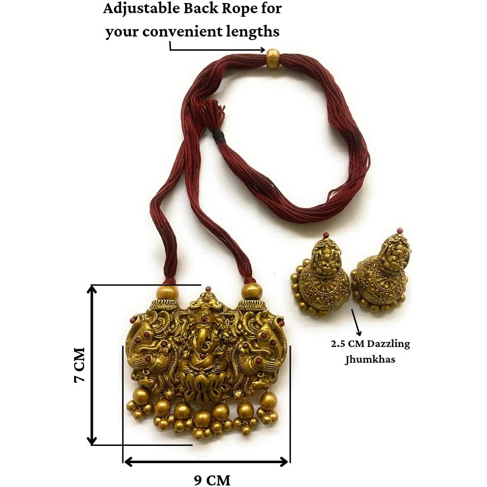 SanaaS Terracotta Jewellery In Ganesh Pendants With Rope Necklace Set In Maroon & Golden Colour For Women