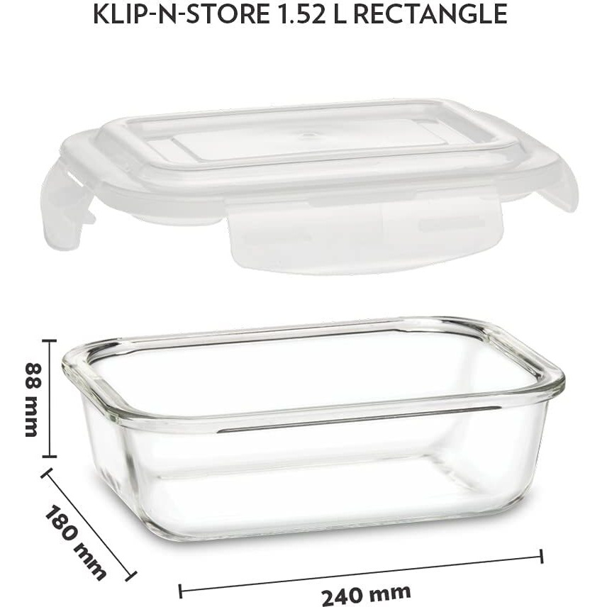 Borosil Klip N Store Glass Storage Container For Kitchen With Air-Tight Lid, Microwave & Oven Safe, Rectangular, 1520 ml, Clear