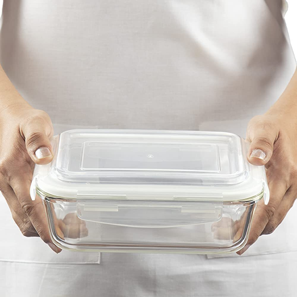 Borosil Klip N Store Glass Storage Container For Kitchen With Air-Tight Lid, Microwave & Oven Safe, Rectangular, 1520 ml, Clear
