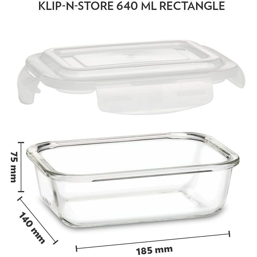 Borosil Klip N Store Glass Storage Container For Kitchen With Air-Tight Lid, Microwave & Oven Safe, Rectangular, 640 ml, Clear