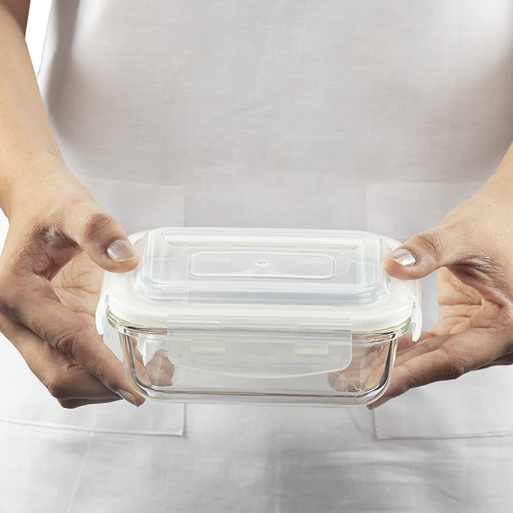 Borosil Klip N Store Glass Storage Container For Kitchen With Air-Tight Lid, Microwave & Oven Safe, Rectangular, 640 ml, Clear
