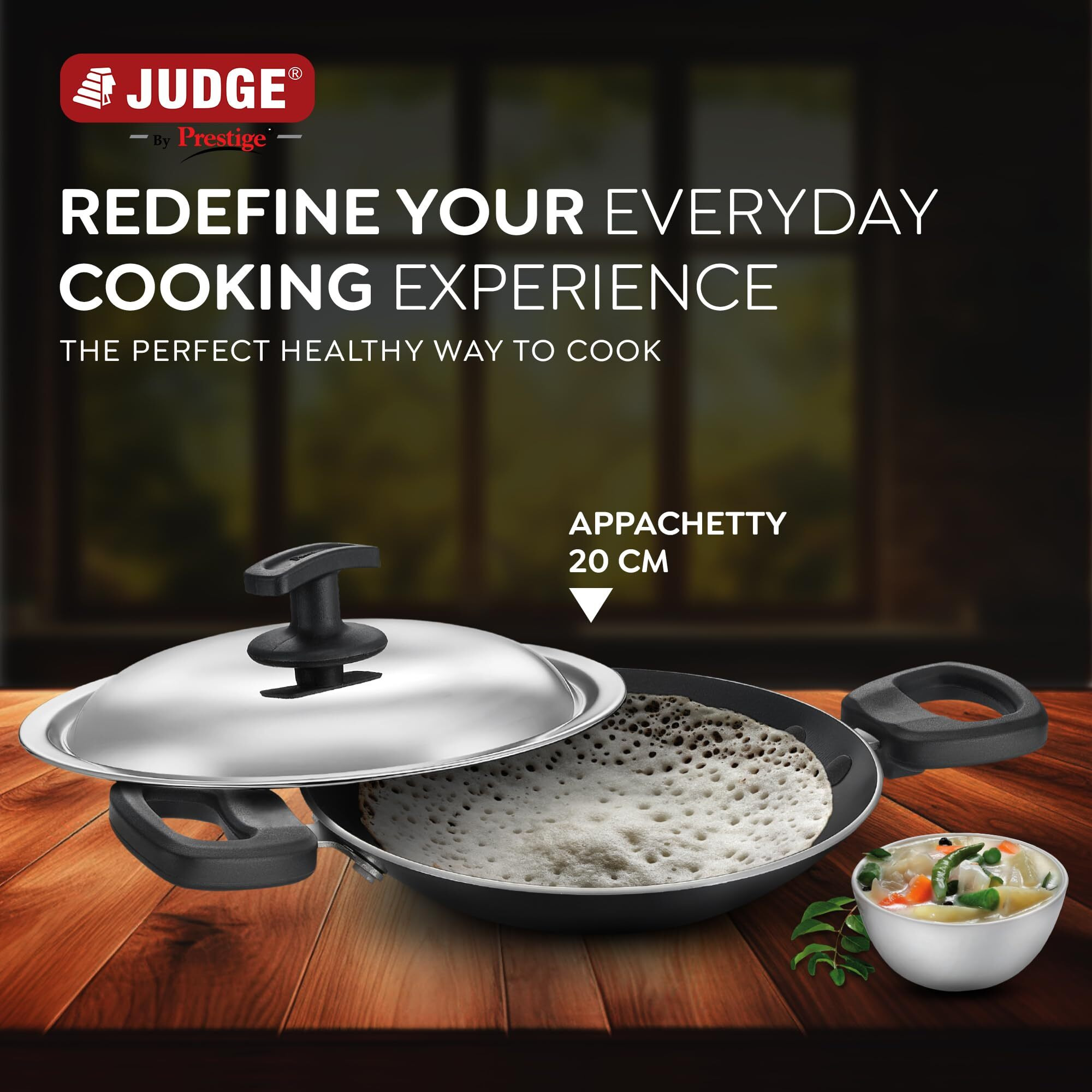 Judge by Prestige Everyday Appachatty with Lid 0.8 L Capacity 20 Cm Diameter (Aluminium|Non-Stick), Black