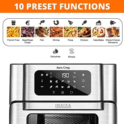 Inalsa Air Fryer Oven 12 Ltr Capacity & 1500W with Rotisserie Function|7-in-1 Air Fry,Bake,Grill,Roast,Dehydrate & Reheat Function|Digital Display|10 Preset Menu|2 Year Warranty (Aero Crisp)