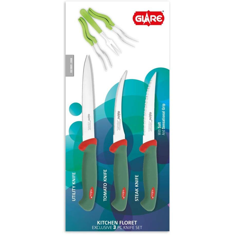 Glare Kitchen Floret (Exclusive 3 Pcs. Knife Set) - Stainless Steel, Red & Green