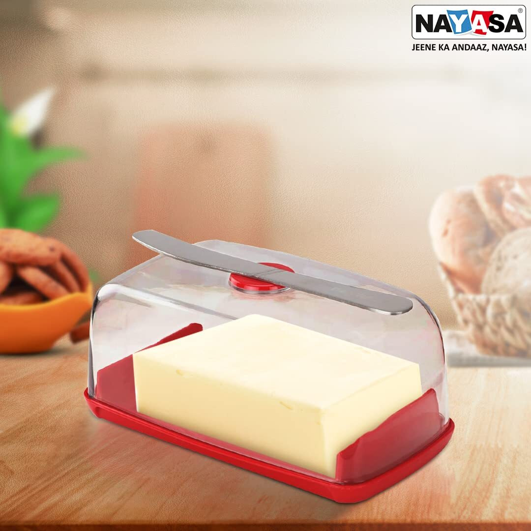 Nayasa Smart Butter Dish with Magnetic Butter Knife Holder & Side Section, Red