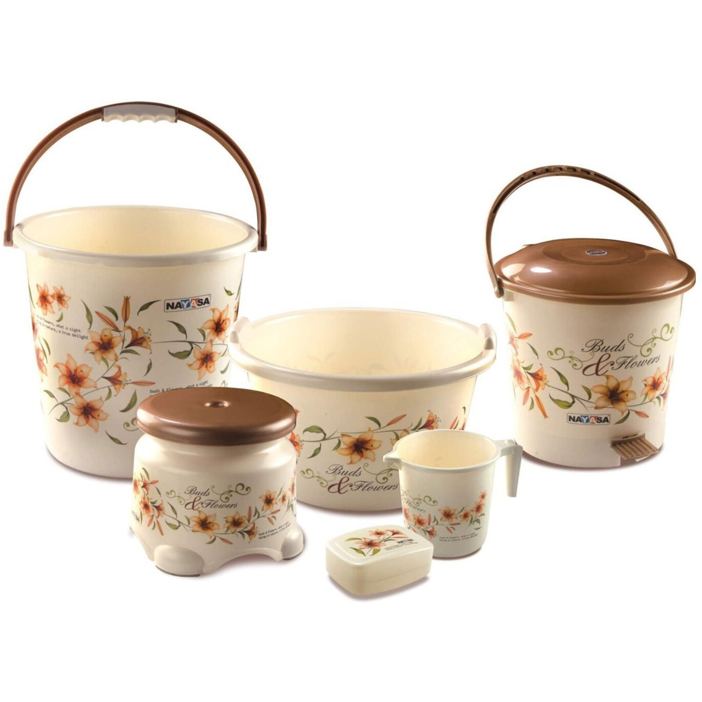 Nayasa Bathroom Set Small DLX 6 Pcs | Bkt 25 L + Mug 1.5 L + Basin 20 L+ Dustbin 14 L + 509 Stool + Soap Case | Bathroom Accessory Set Plastic | Bathroom Set | Bath Set for Bathroom | Brown
