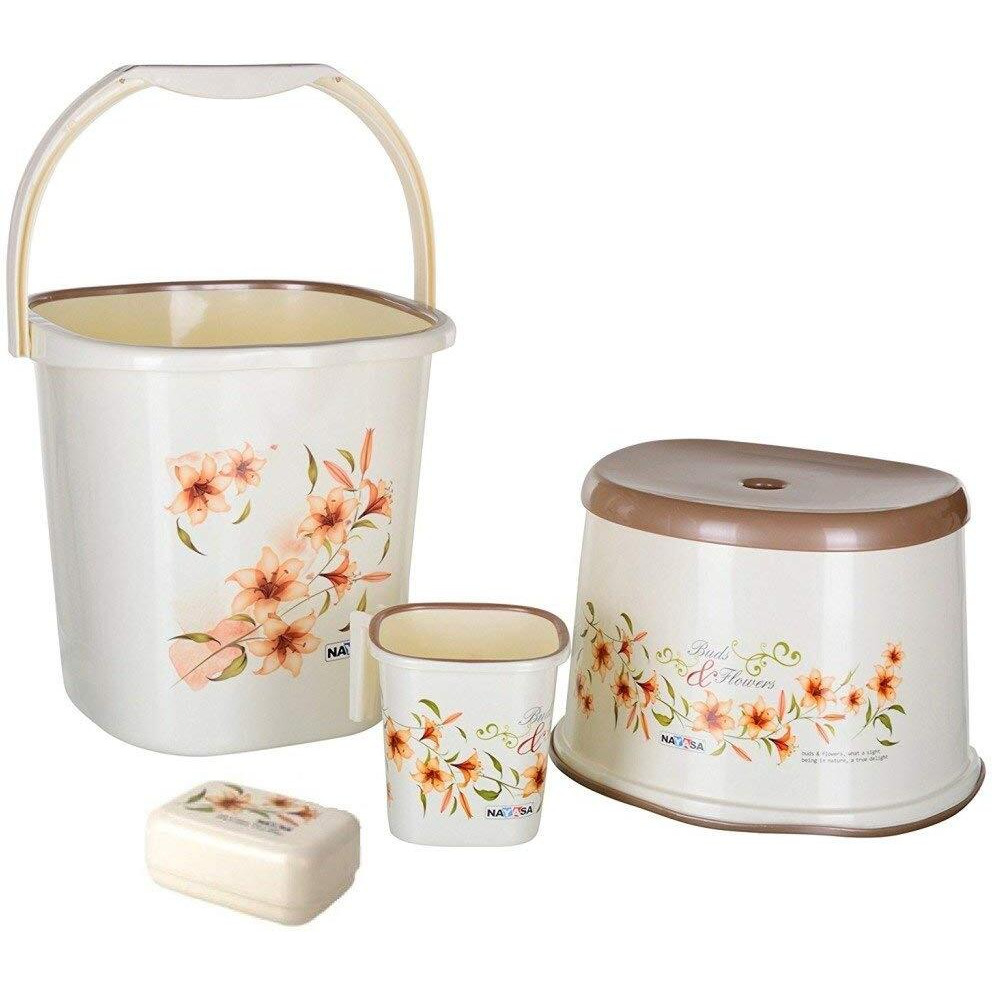 Nayasa Square Dlx 4 Pcs Bathroom Set | Bucket 18 L + Mug 1.5 L + 508 DLX Stool + Soap Case | Bathroom Set |Bath Set for Bathroom | Off-White
