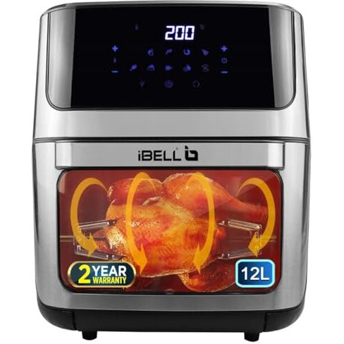 iBELL AF1270M Air Fryer Oven 12L, 2 Year Warranty, 2000W, with Rotisserie + Skewer Set + Rotating Mesh Basket + Crisper tray, 360 Turbo Hot Air Circulation, 10 Presets, Timer & Auto-off (Black)