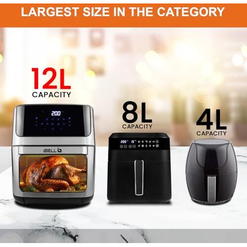 iBELL AF1270M Air Fryer Oven 12L, 2 Year Warranty, 2000W, with Rotisserie + Skewer Set + Rotating Mesh Basket + Crisper tray, 360 Turbo Hot Air Circulation, 10 Presets, Timer & Auto-off (Black)