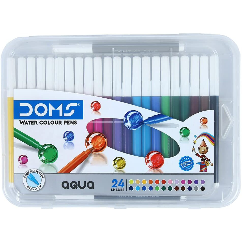 Doms Aqua 24 Shades Watercolour Sketch Pen Set | Unique Push Resistant Tip With Bright & Intense Colors | Non-Toxic & Safe For Kids | Colourful Sketching, Doodling & Mandala Art | Pack of 1