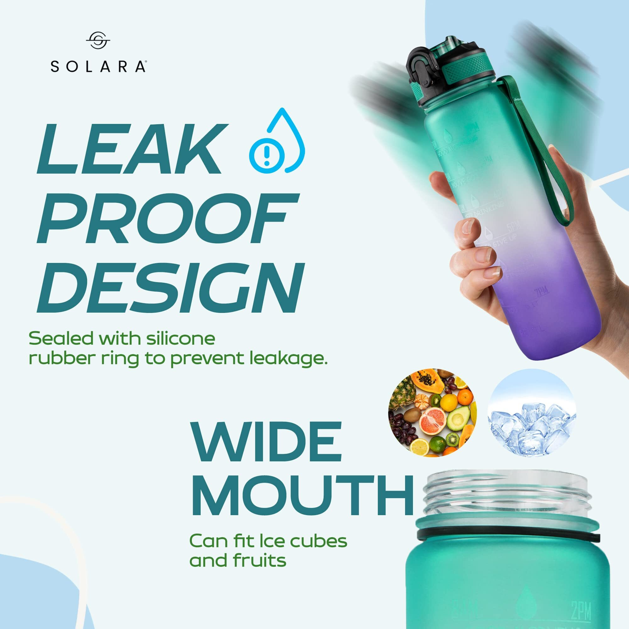 SOLARA Unbreakable Silicone Water Bottle 1 Litre with Motivational Time Marker, Leakproof Durable BPA Free Non-Toxic Bottle for Office, Gym | Detoxing eBook included | Purple Mint