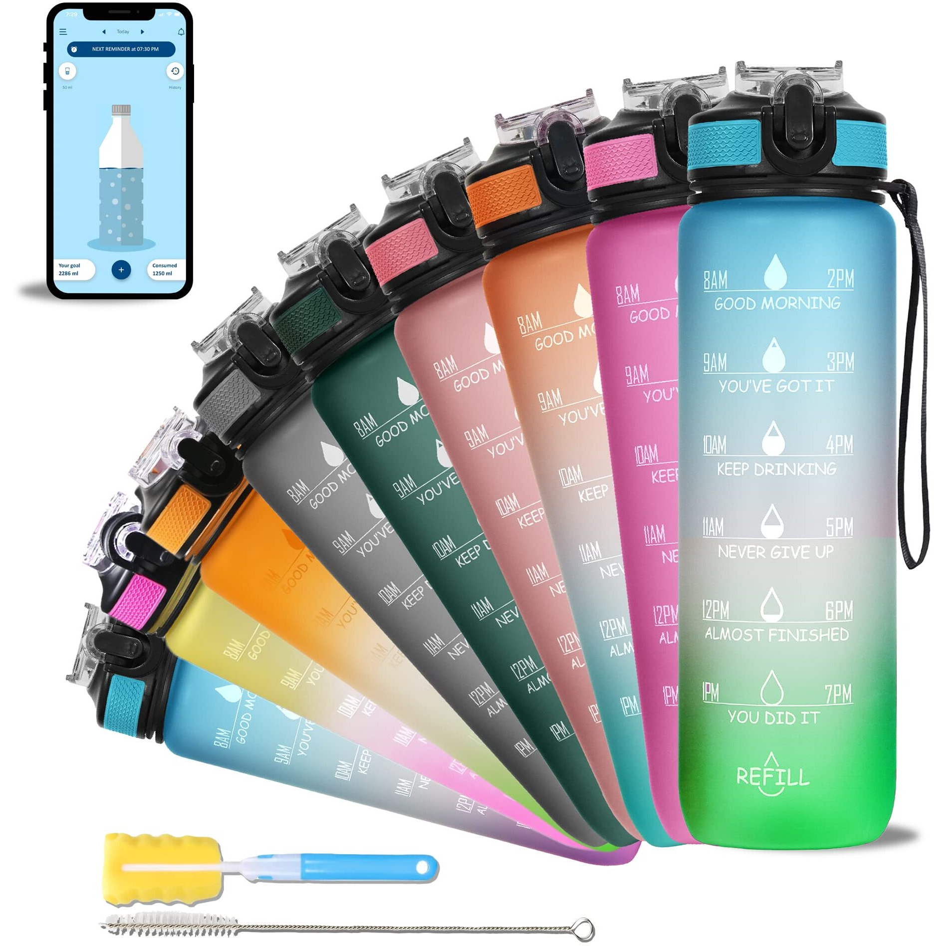 SOLARA Sipper Bottle for Adults 1 Litre with Motivational Time Marker, Leakproof Durable BPA Free Non-Toxic Bottle for Office, Gym | Detoxing eBook included | Green Surfer