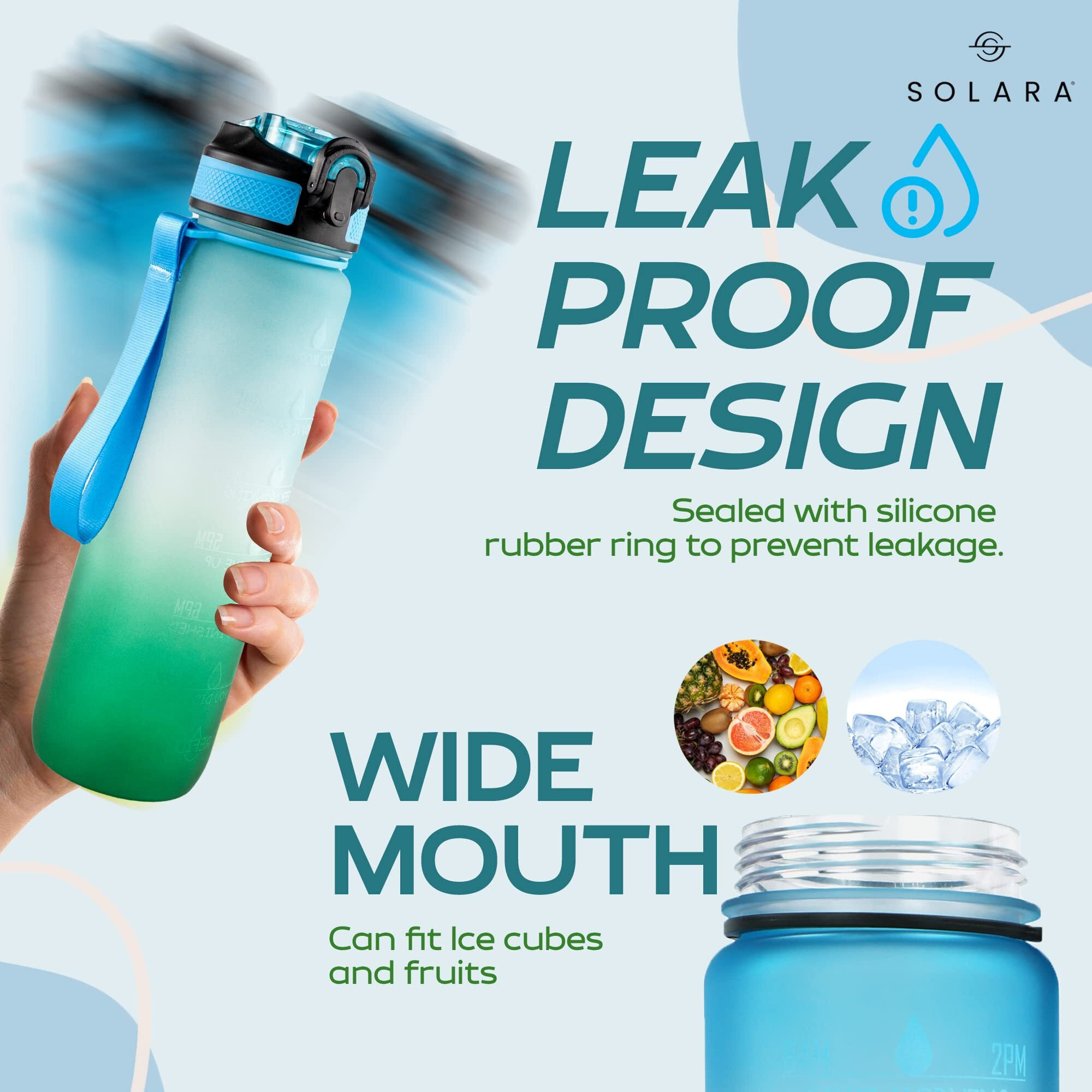 SOLARA Sipper Bottle for Adults 1 Litre with Motivational Time Marker, Leakproof Durable BPA Free Non-Toxic Bottle for Office, Gym | Detoxing eBook included | Green Surfer
