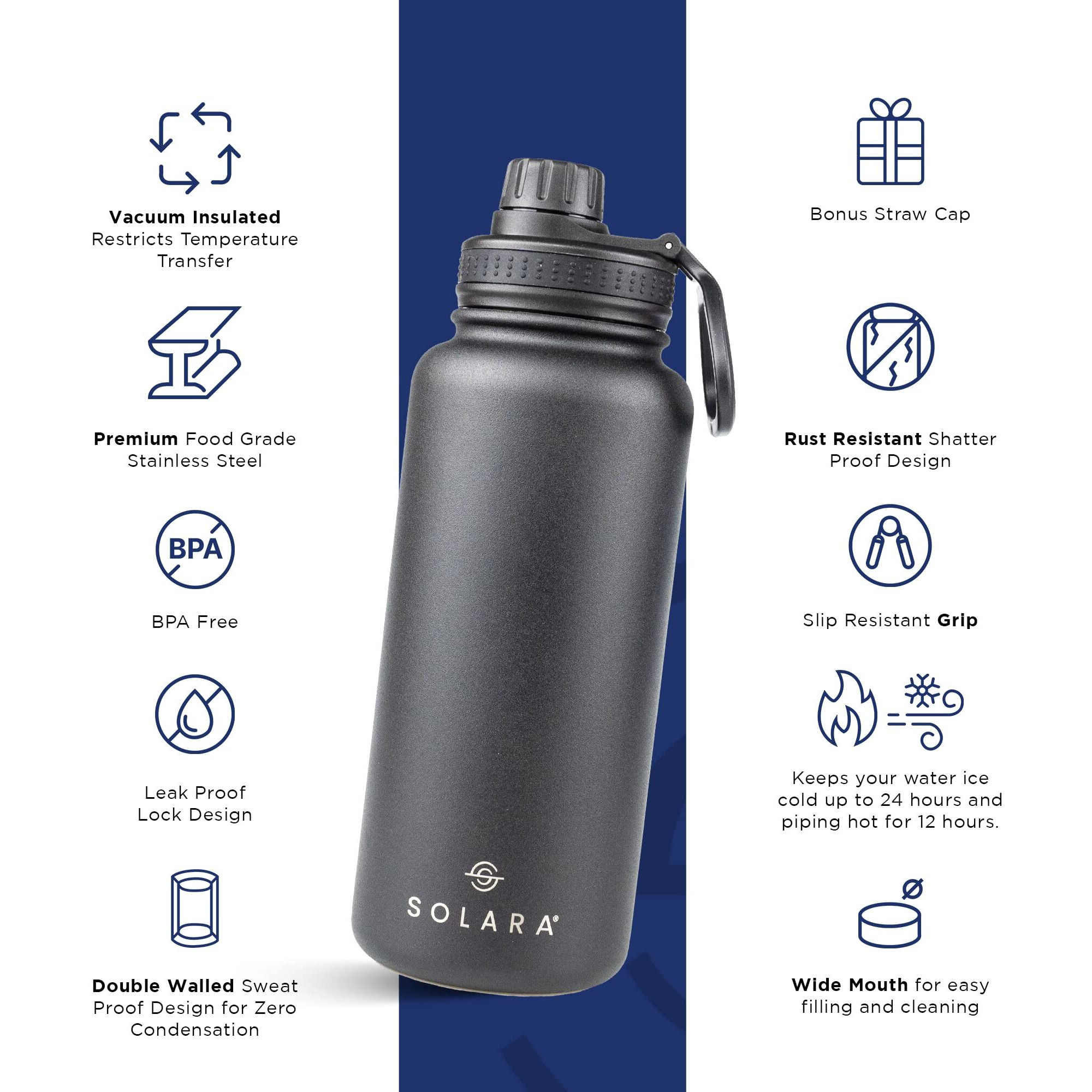 SOLARA Insulated Water Bottle 1000ml, Hot Water Bottle, Thermosteel Water Bottle for Travel, Home, Office, School, Gym, Adults, Water Bottle Hot and Cold, Sipper Bottle, Black Knight