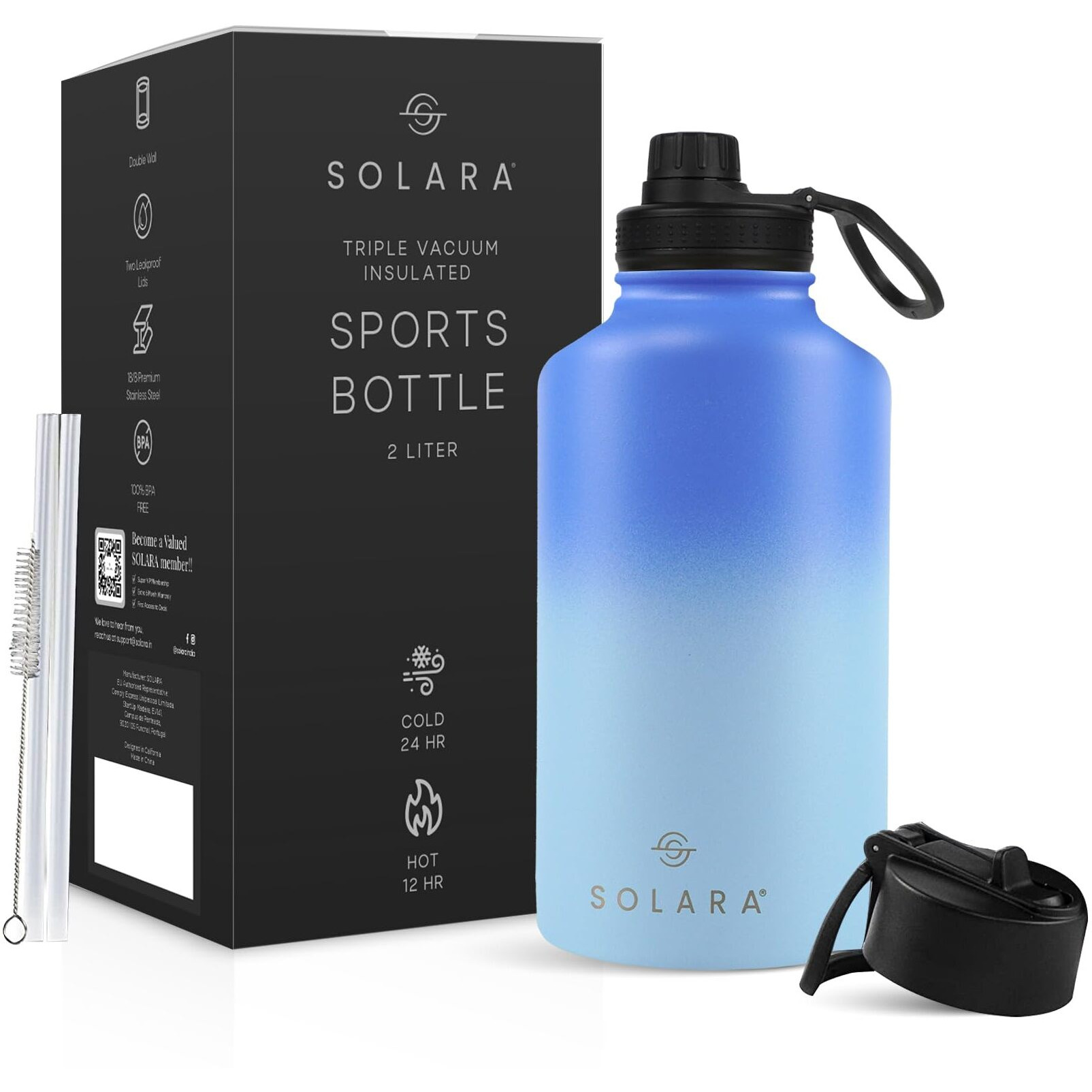 SOLARA Insulated Water Bottle 2000ml, Hot Water Bottle, Thermosteel Water Bottle for Travel, Home, Office, School, Gym, Adults, Water Bottle Hot and Cold, Sipper Bottle, Blue Wave